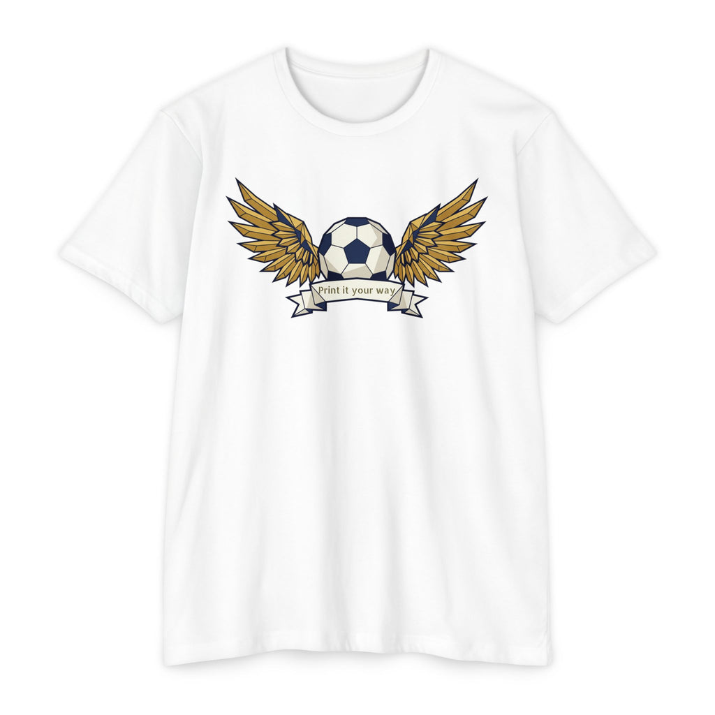 White unisex soccer T-shirt with winged soccer ball graphic on the chest