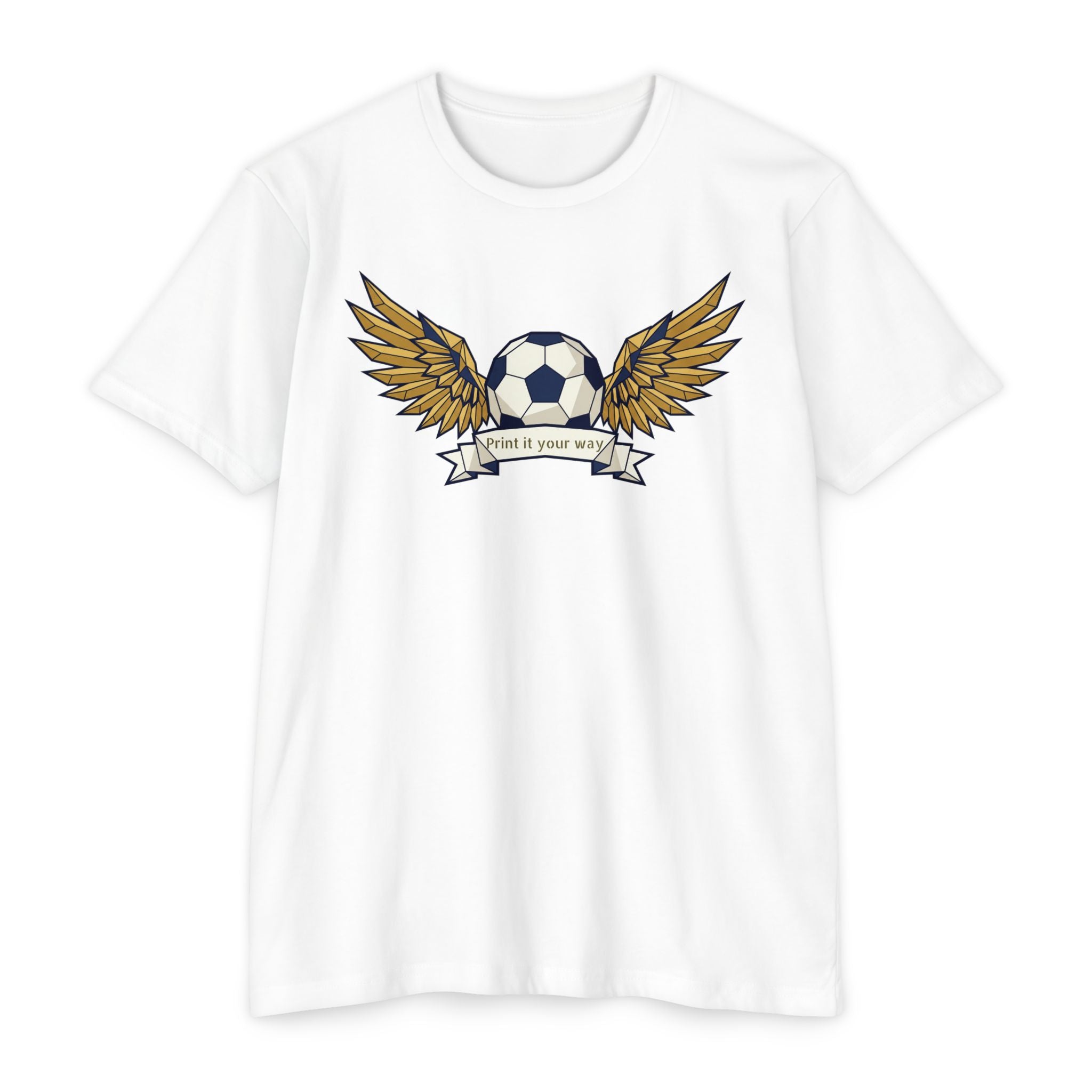 White unisex soccer T-shirt with winged soccer ball graphic on the chest