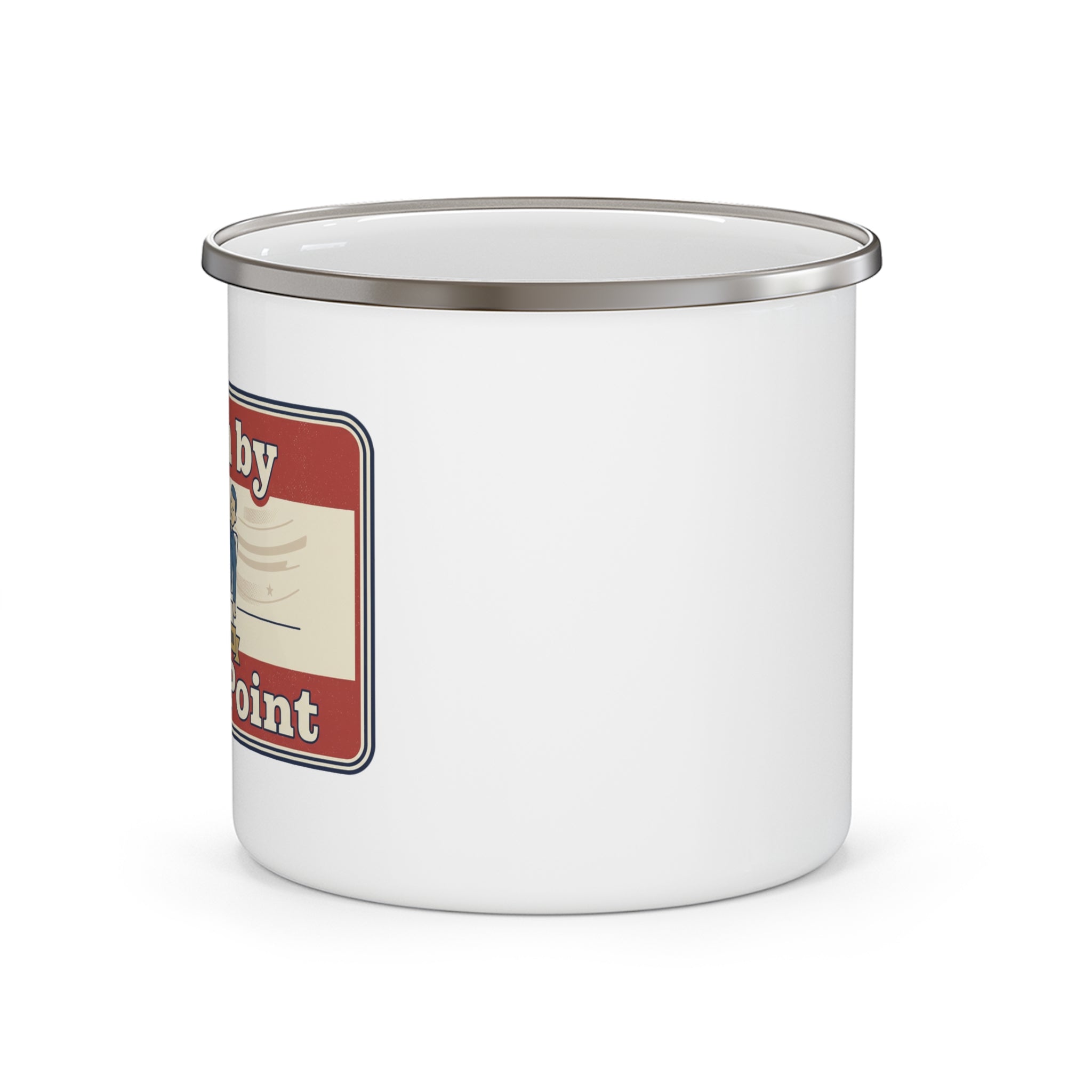 Enamel camping mug with partial red “PowerPoint” graphic on side