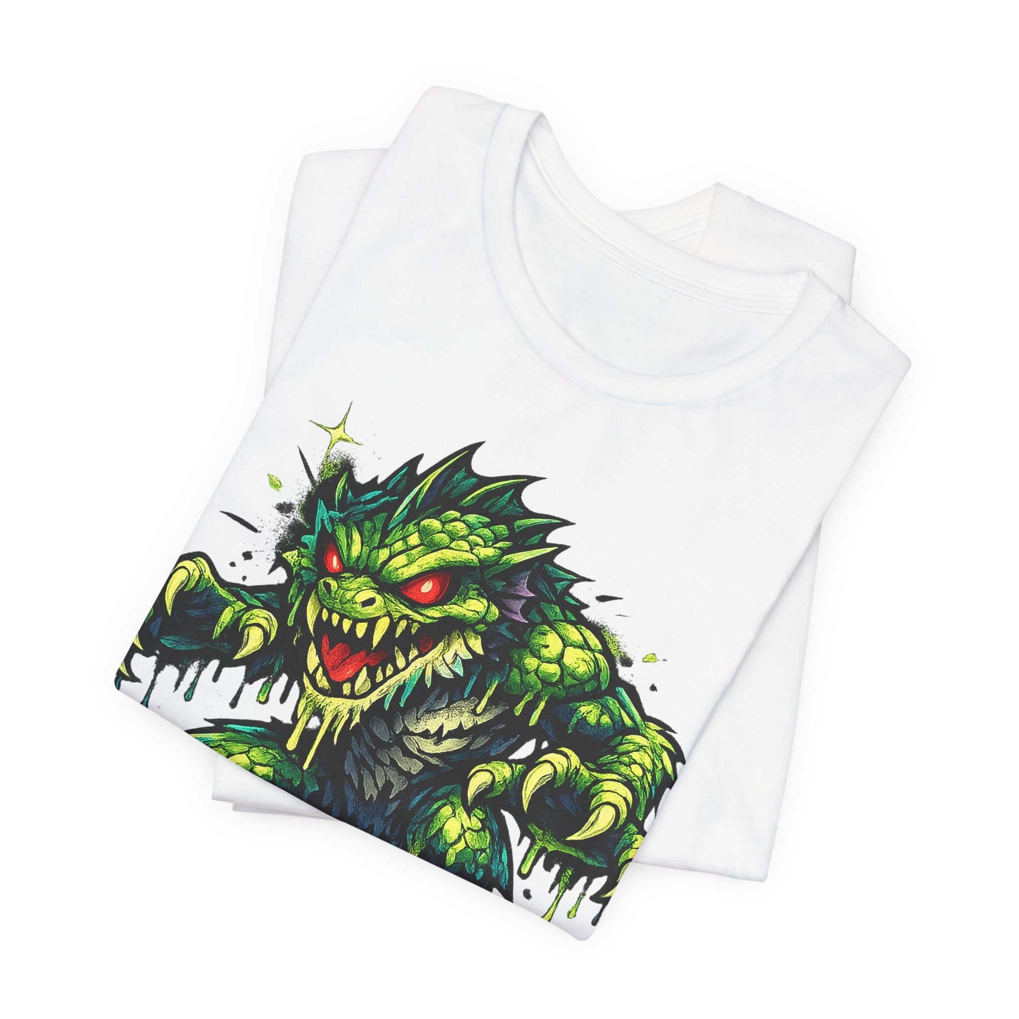 White T-shirt with green swamp monster face graphic on front.