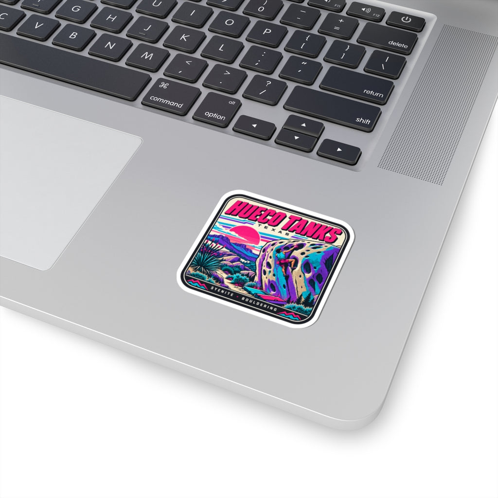 Hueco Tanks climbing sticker, square with colorful graphic and bold HUECOTANKS text