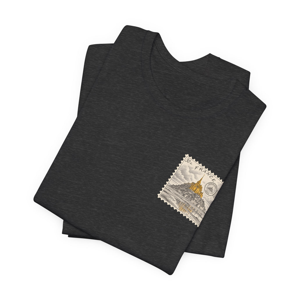 Dark grey heather graphic T-shirt with small postage-stamp style print on chest