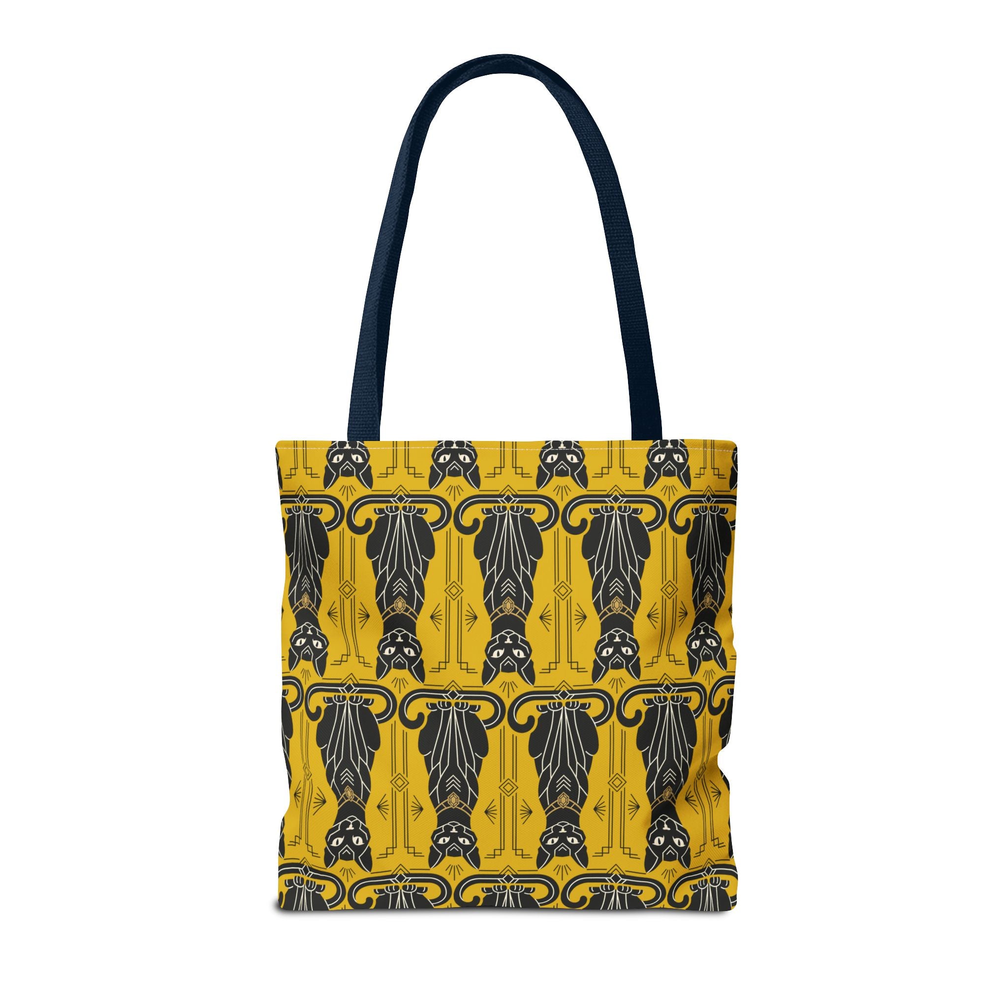 Yellow tote bag front view with repeating black cat pattern and navy handles