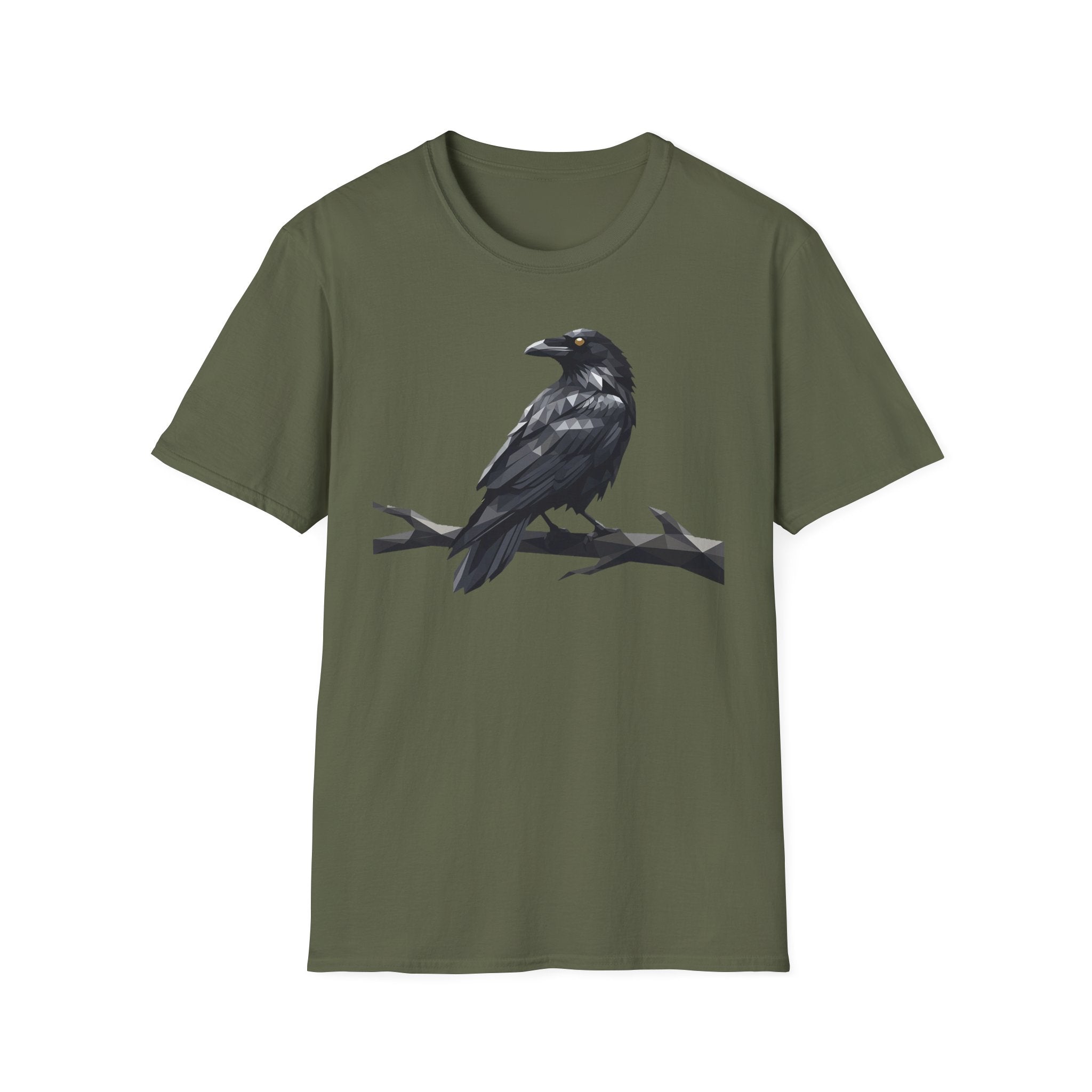 Olive green raven graphic t-shirt with perched bird print