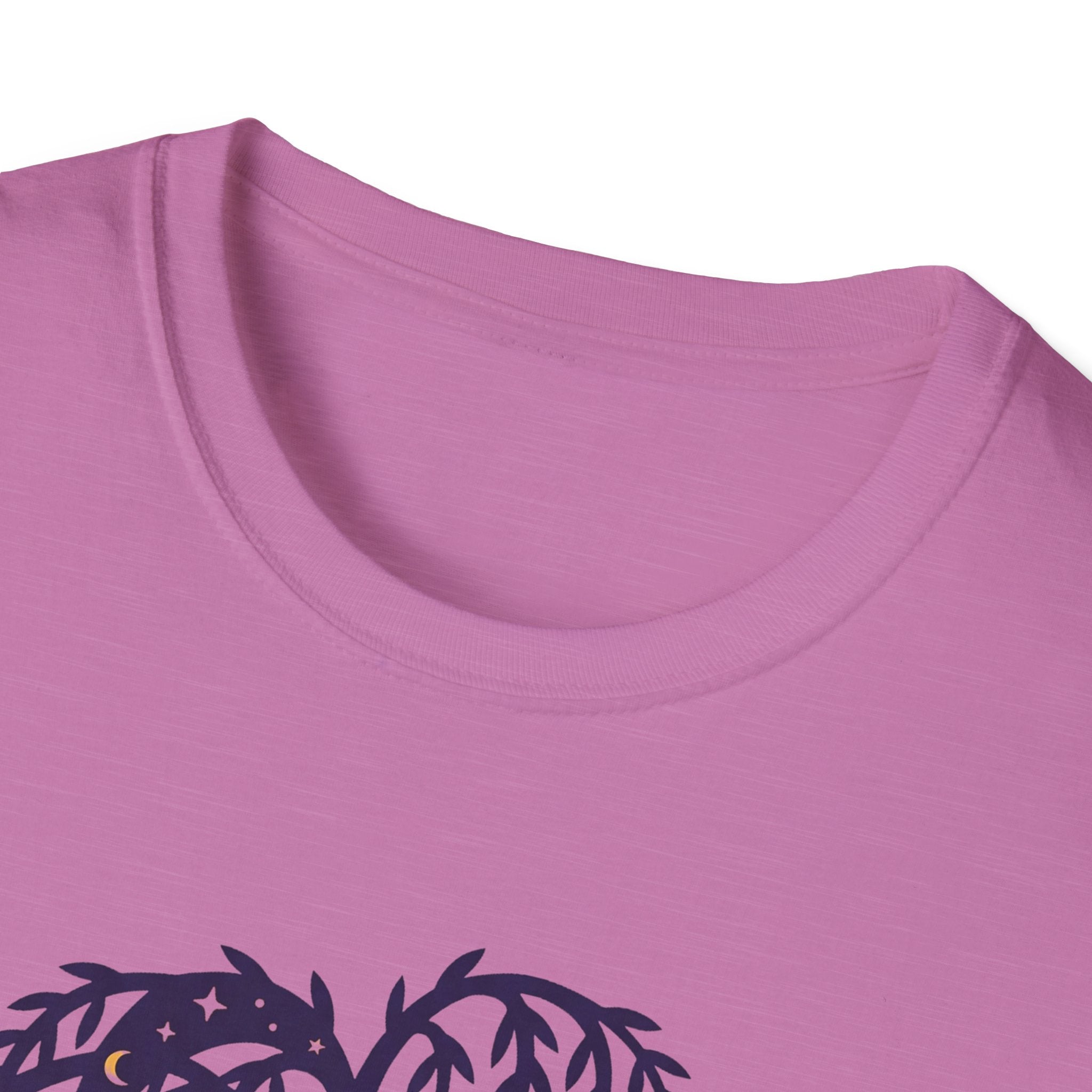 Pink T-shirt neckline with partial owl-and-weeping-willow graphic