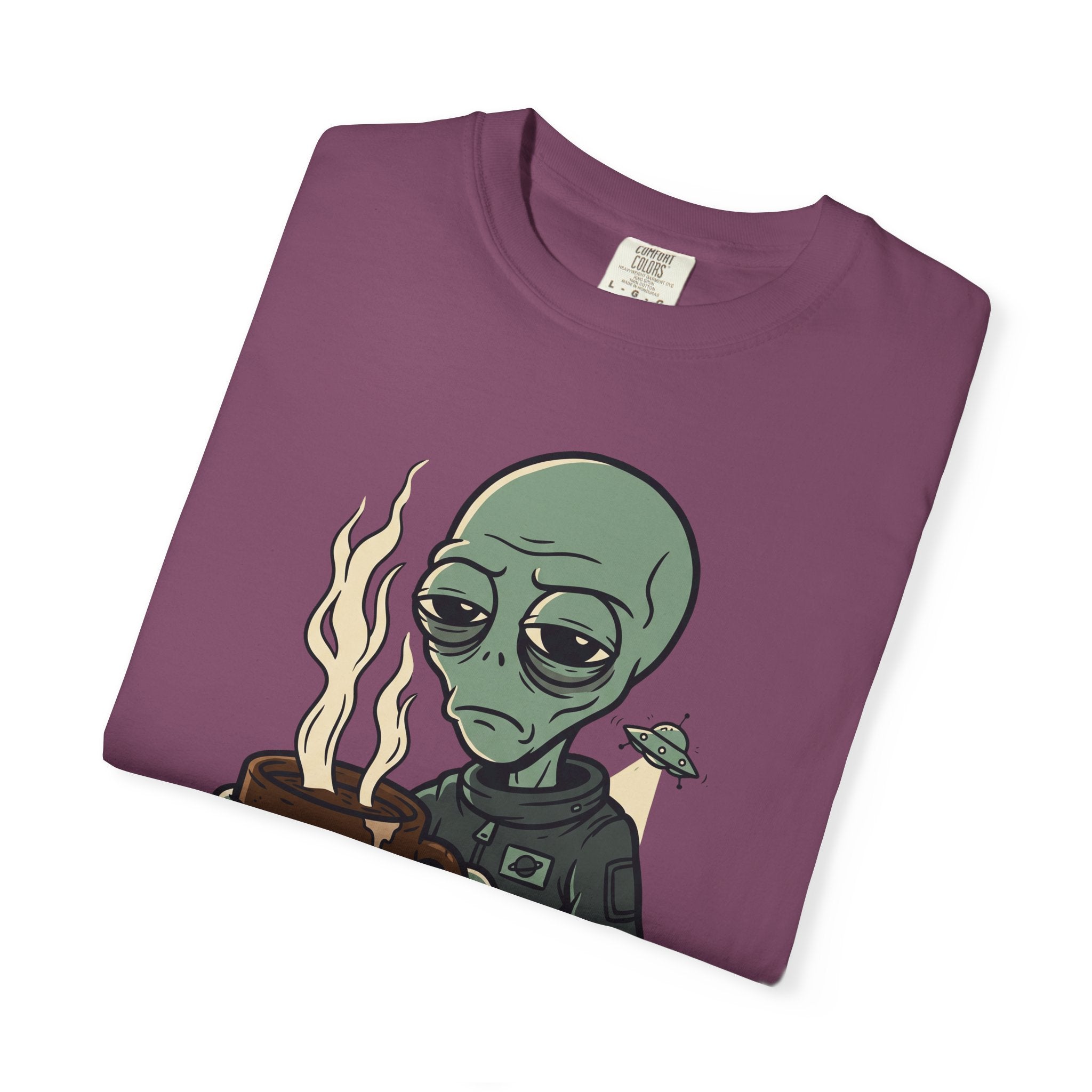 Plum T-shirt with alien holding coffee graphic and 'PROBE ME' text