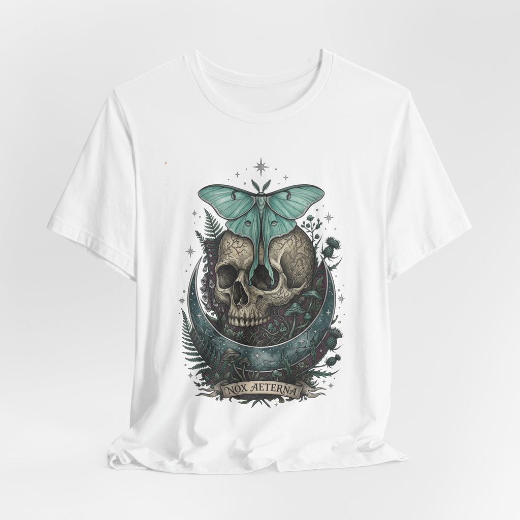 White unisex T-shirt with teal moth-and-skull graphic on chest