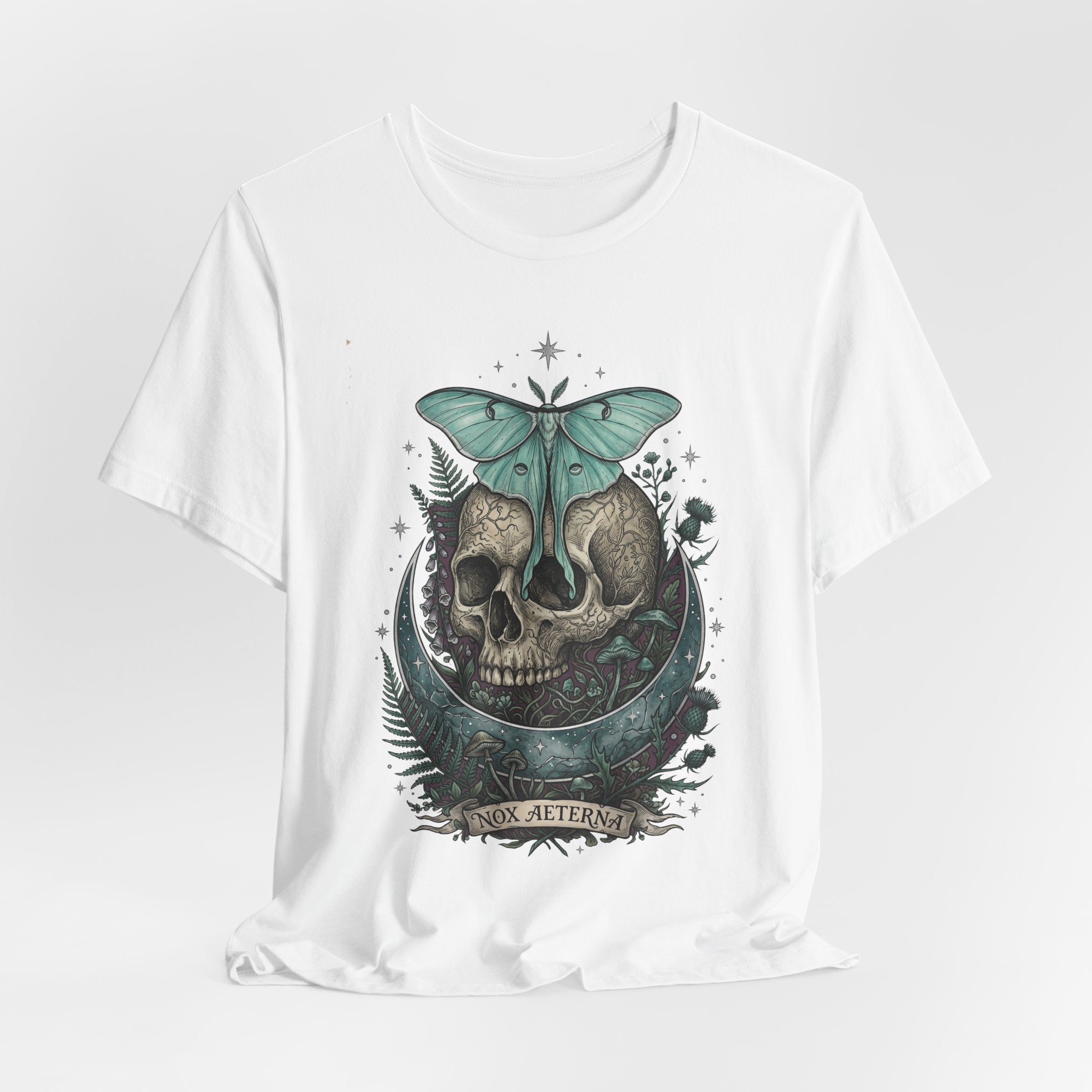White unisex T-shirt with teal moth-and-skull graphic on chest