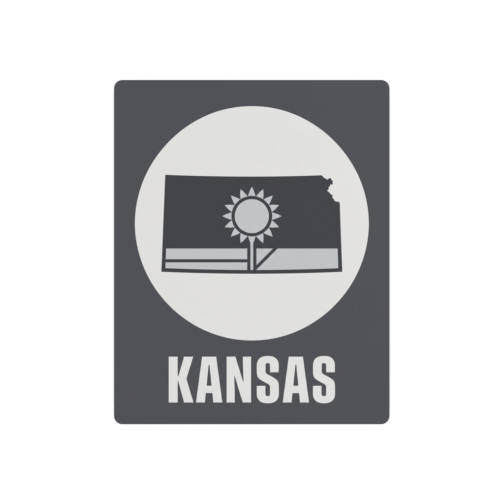 Dark gray metal Kansas wall sign with sunburst, Kansas outline, and white 'KANSAS' text