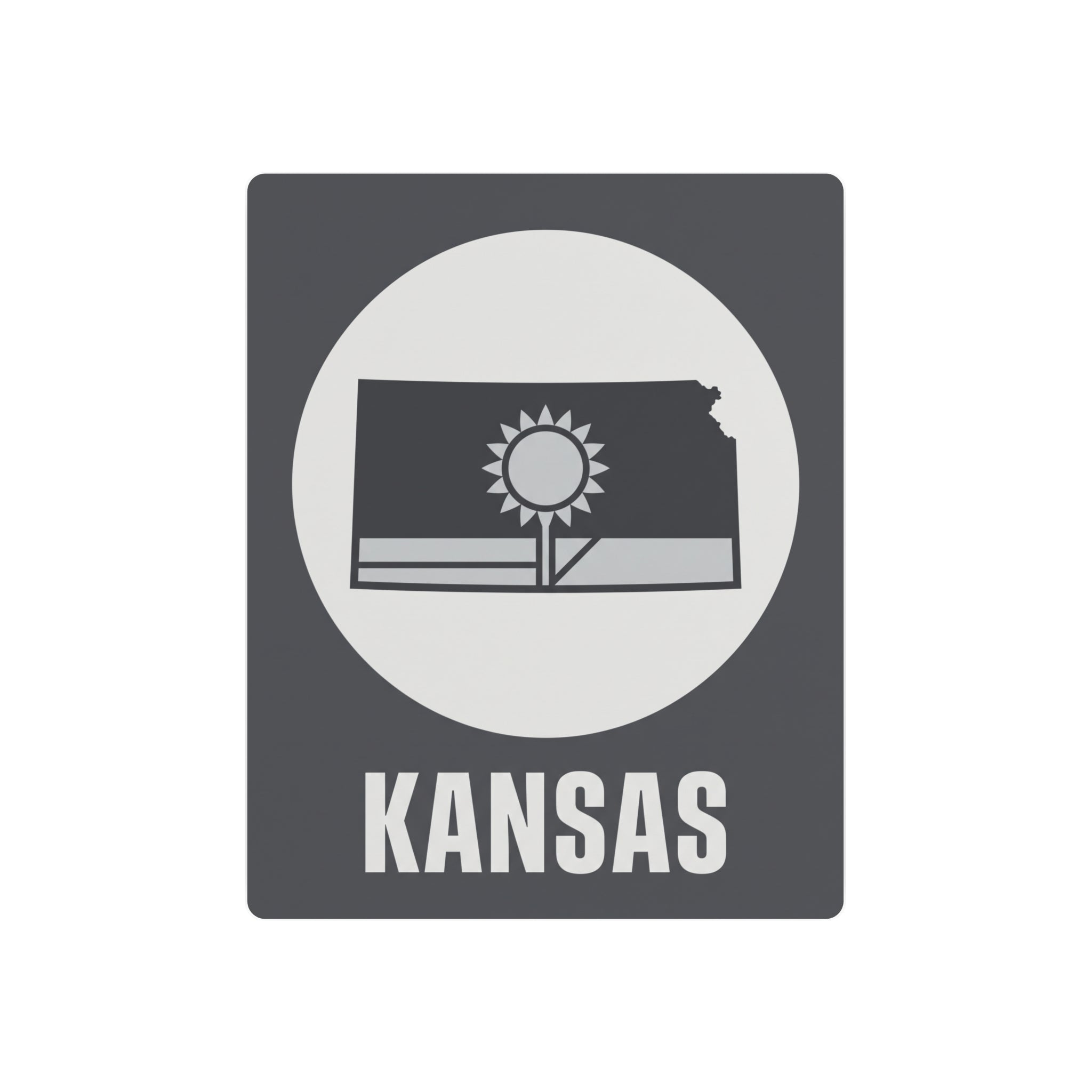 Dark gray metal Kansas wall sign with sunburst, Kansas outline, and white 'KANSAS' text