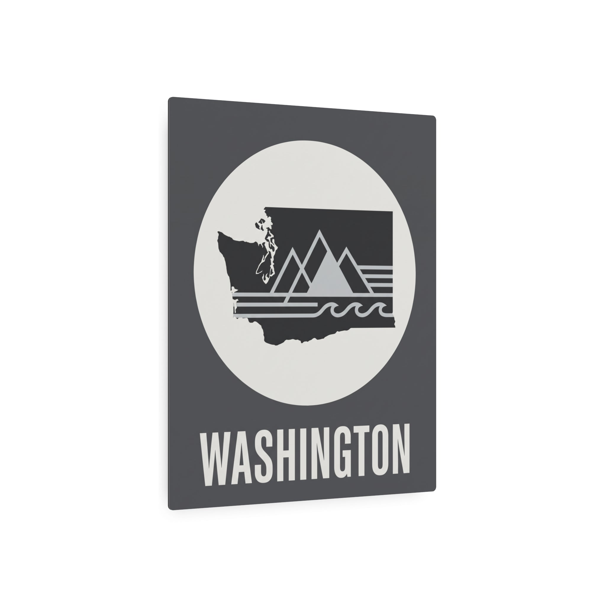 Washington metal wall art sign: dark gray square with white circle graphic and 'WASHINGTON' lettering