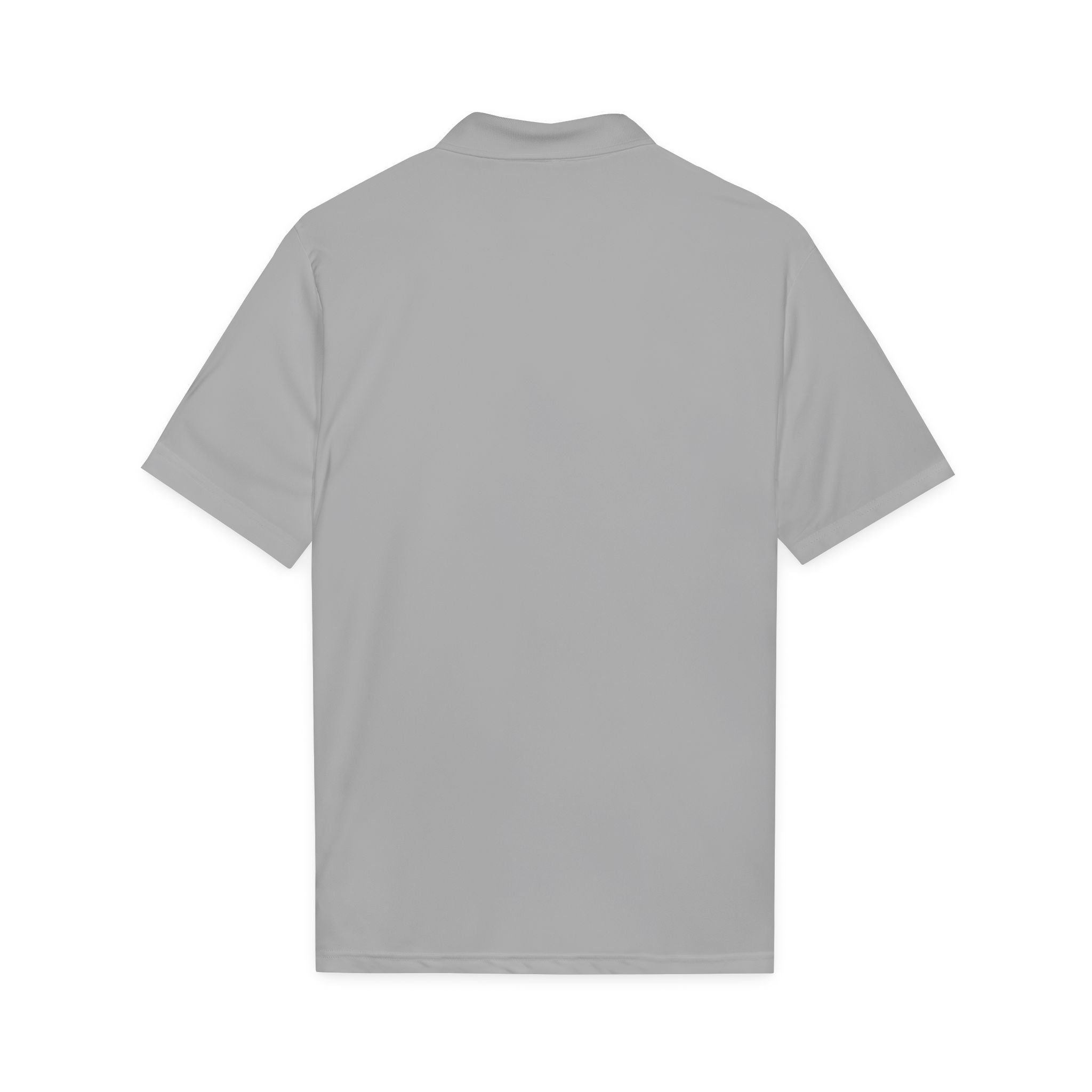 Gray polyester polo shirt with ribbed collar and short sleeves, back view