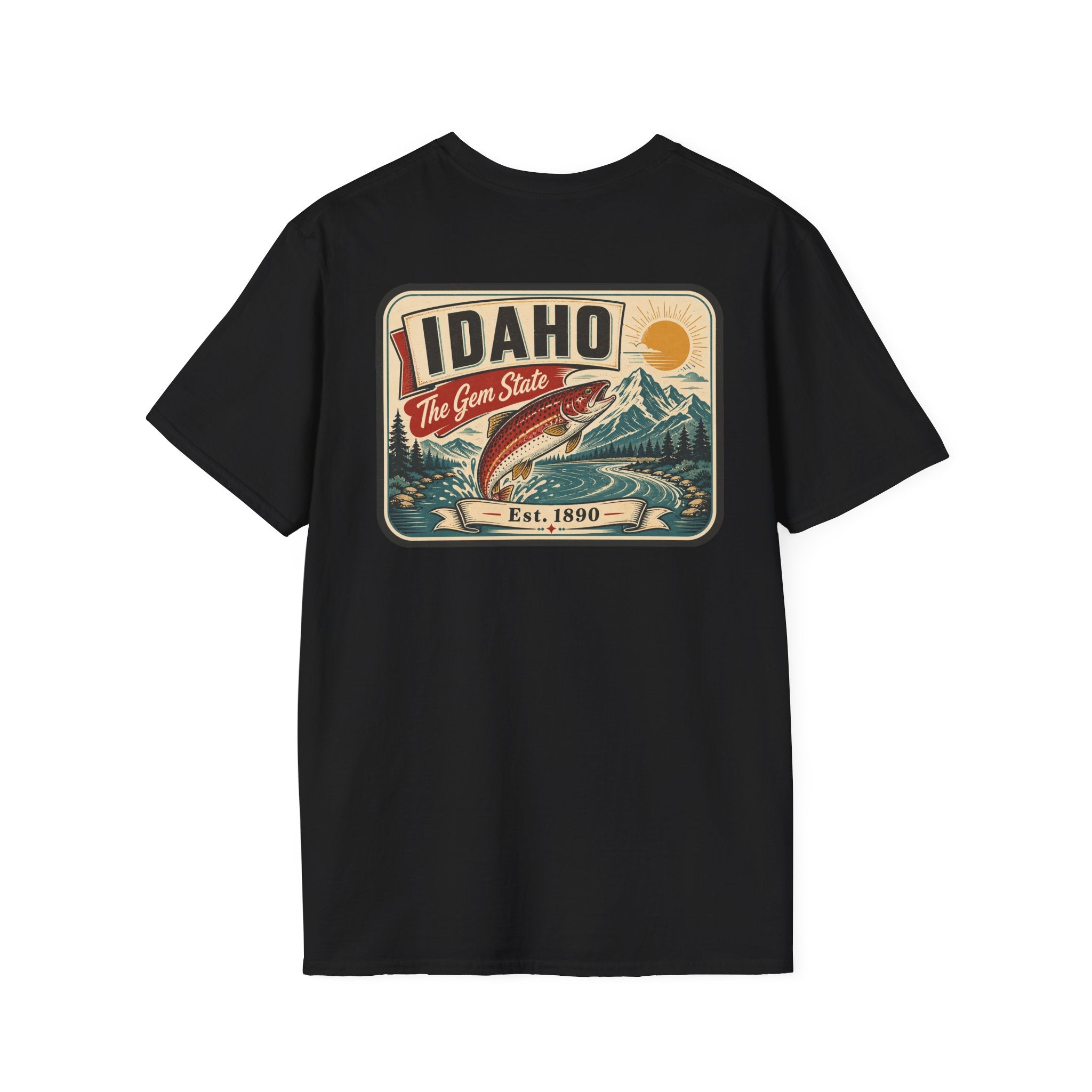 Black t-shirt with Idaho travel badge graphic and trout illustration