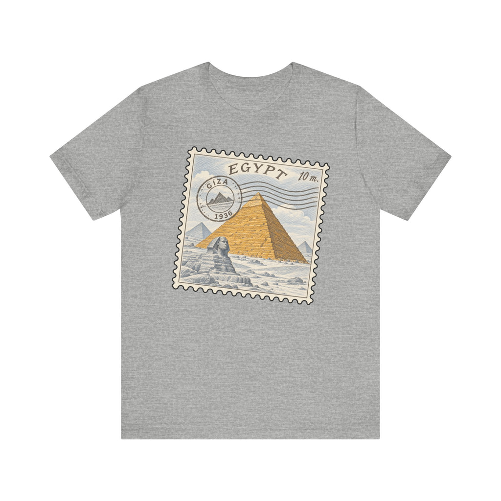 Dark gray heather T-shirt with Egypt stamp graphic featuring pyramids on front.