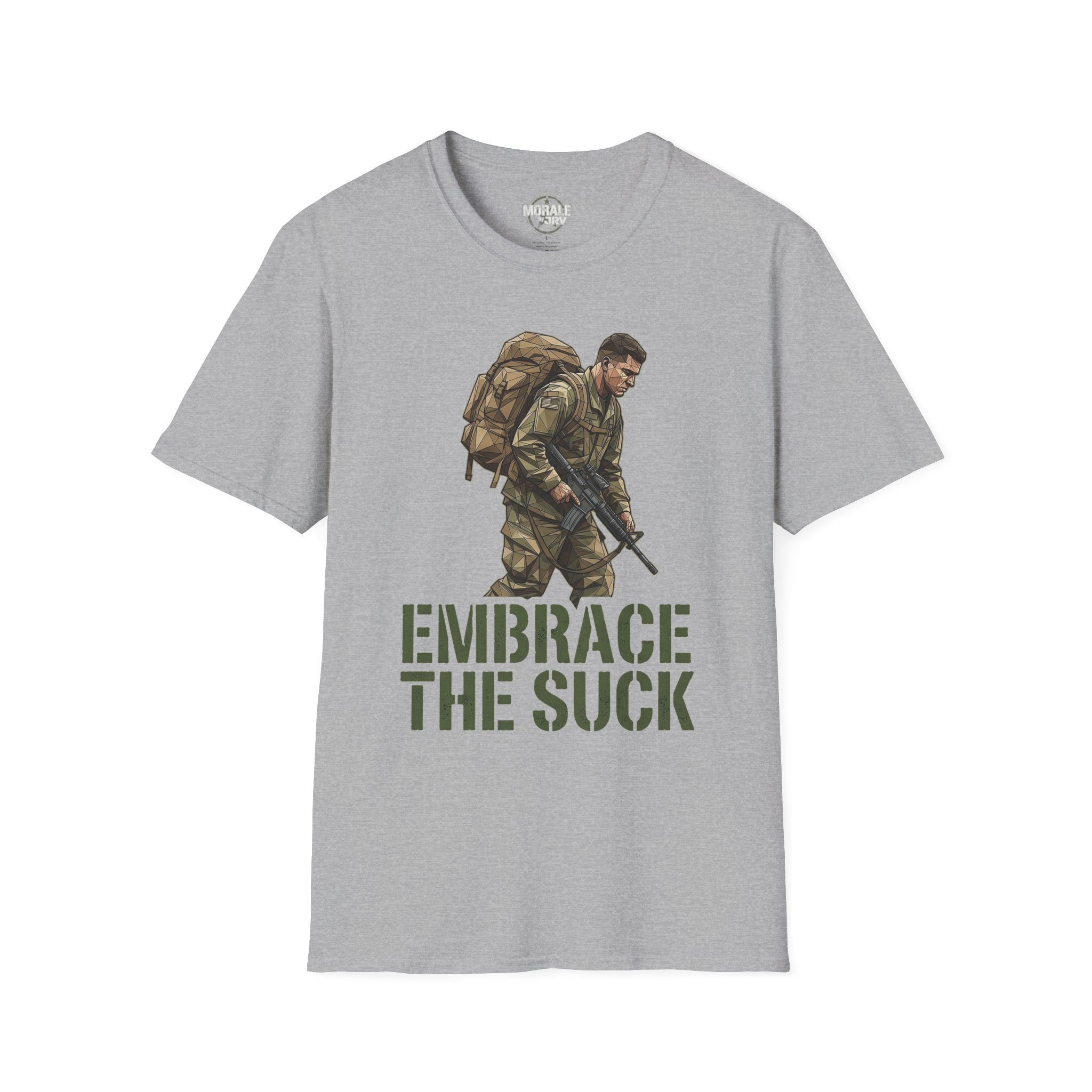 Hellgraues Melange-T-Shirt mit Soldat-Illustration und „EMBRACE THE SUCK“-Schrift