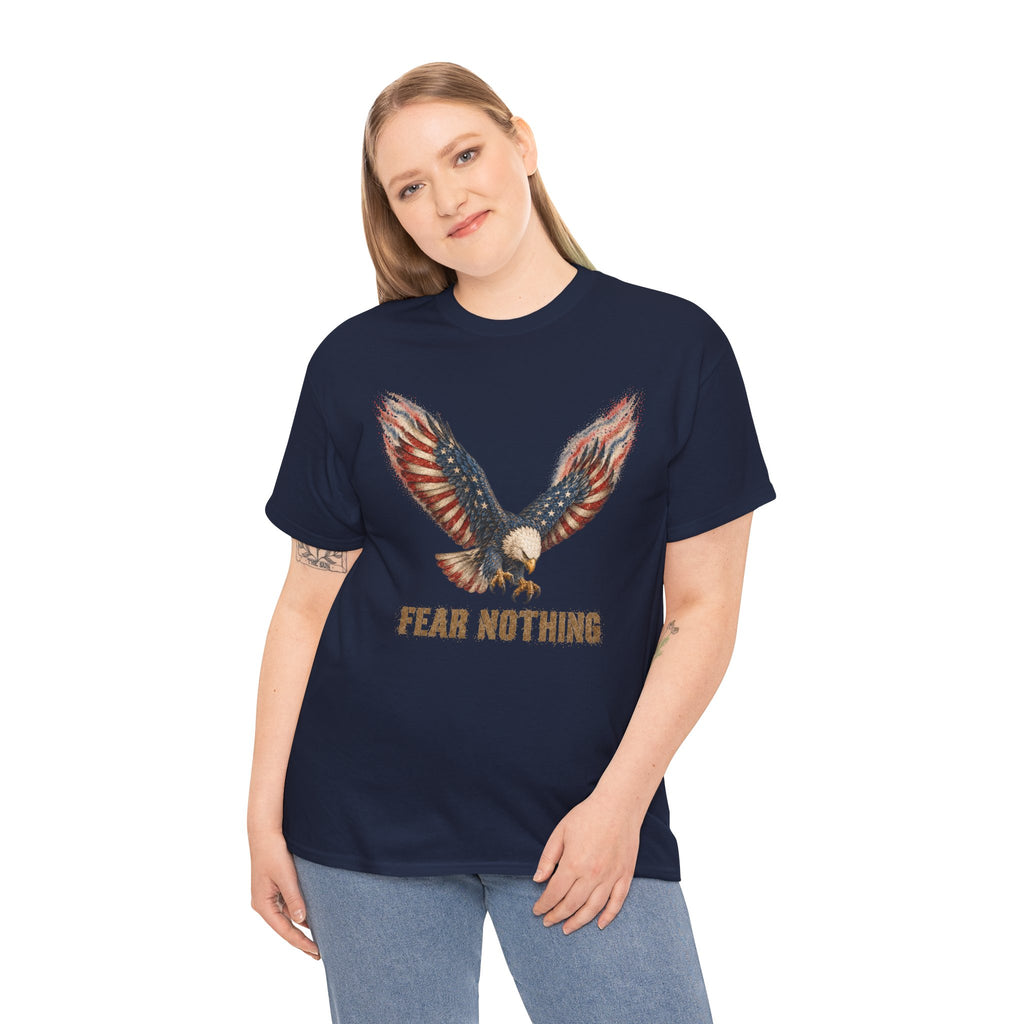 Navy crew-neck T-shirt with bald eagle graphic and “Fear Nothing” text