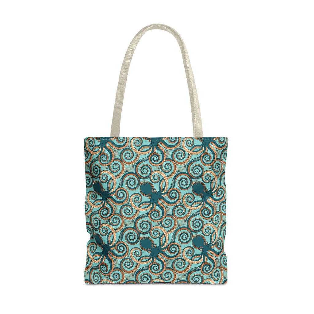 Octopus swirl tote bag with teal octopus and swirl all-over print, beige handles