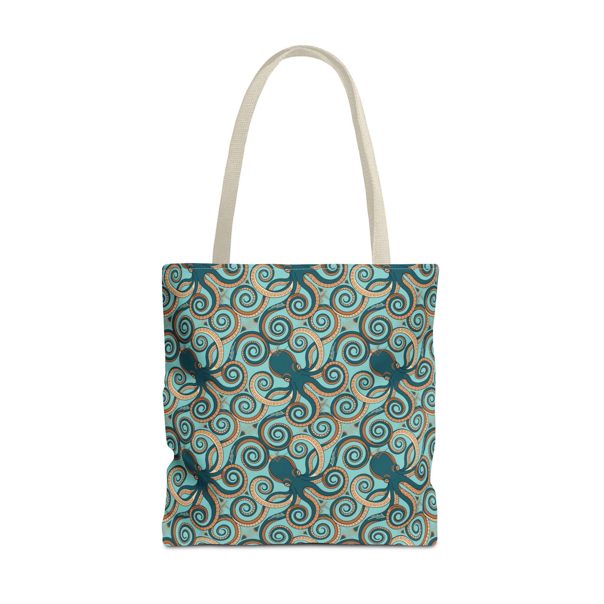 Octopus swirl tote bag with teal octopus and swirl all-over print, beige handles
