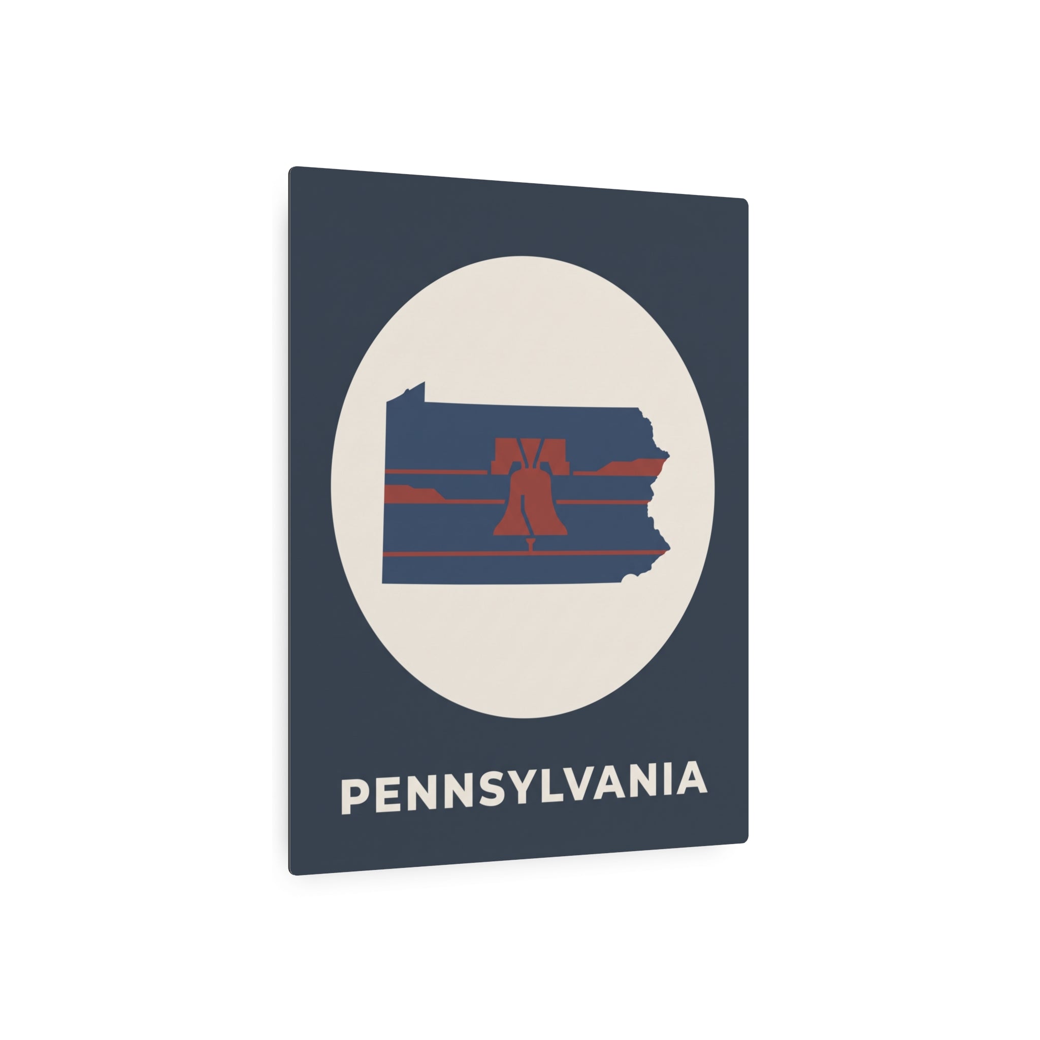 Dark blue Pennsylvania Liberty Bell outline metal sign plaque with oval emblem and PENNSYLVANIA