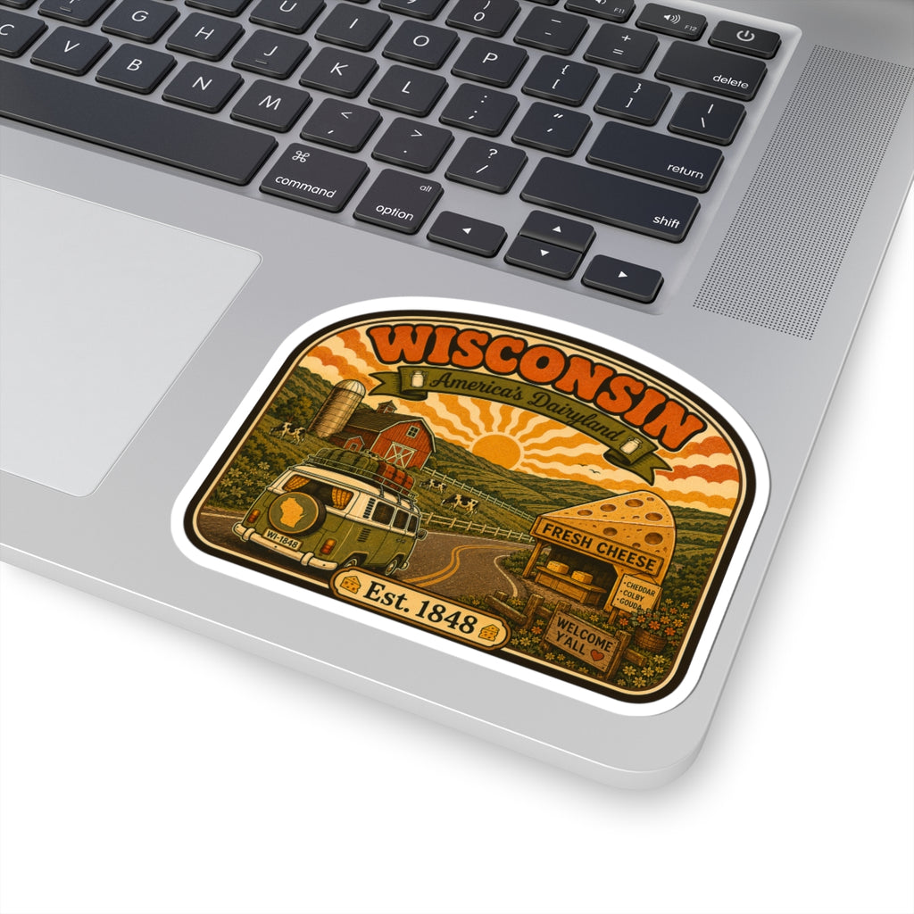 Wisconsin dairyland sticker close view with truck, cheese shop, and Est. 1848