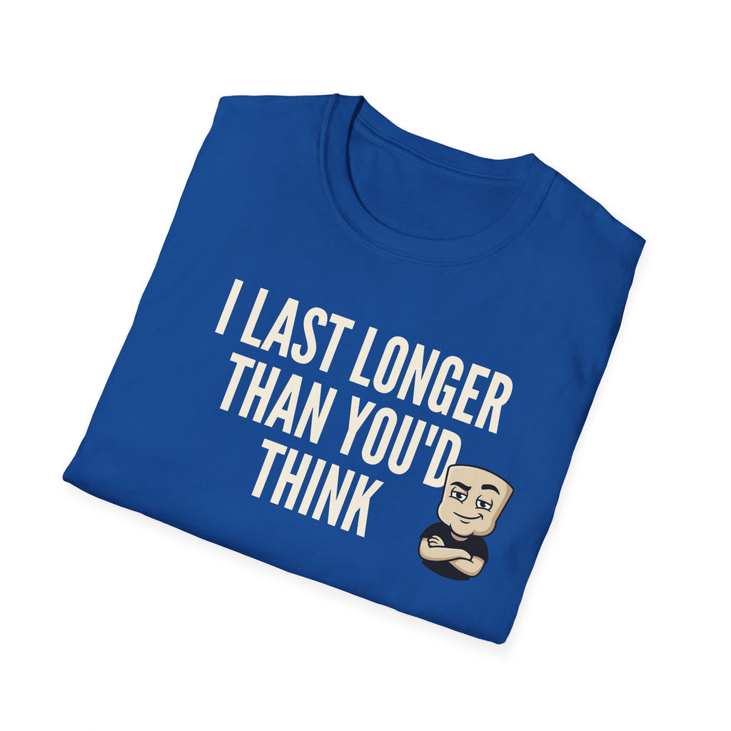 Royal blue T-shirt with "I LAST LONGER THAN YOU'D THINK" quote and cartoon face graphic