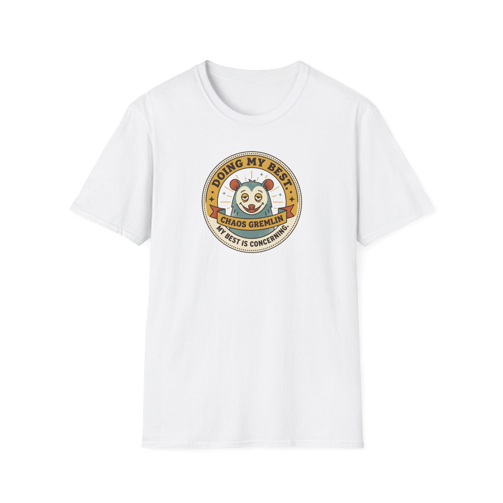 White short-sleeve t-shirt with small circular gremlin panda graphic on chest