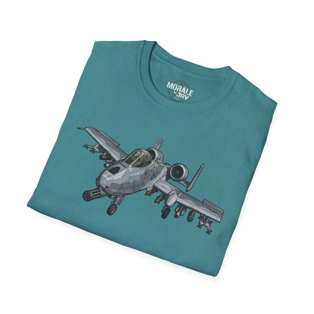 Teal T-shirt with large jet aircraft graphic on the front