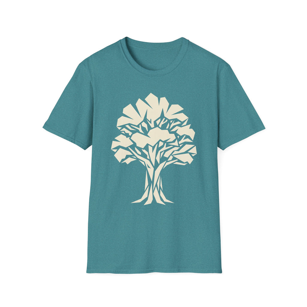 Teal t-shirt with white geometric tree silhouette graphic on the front