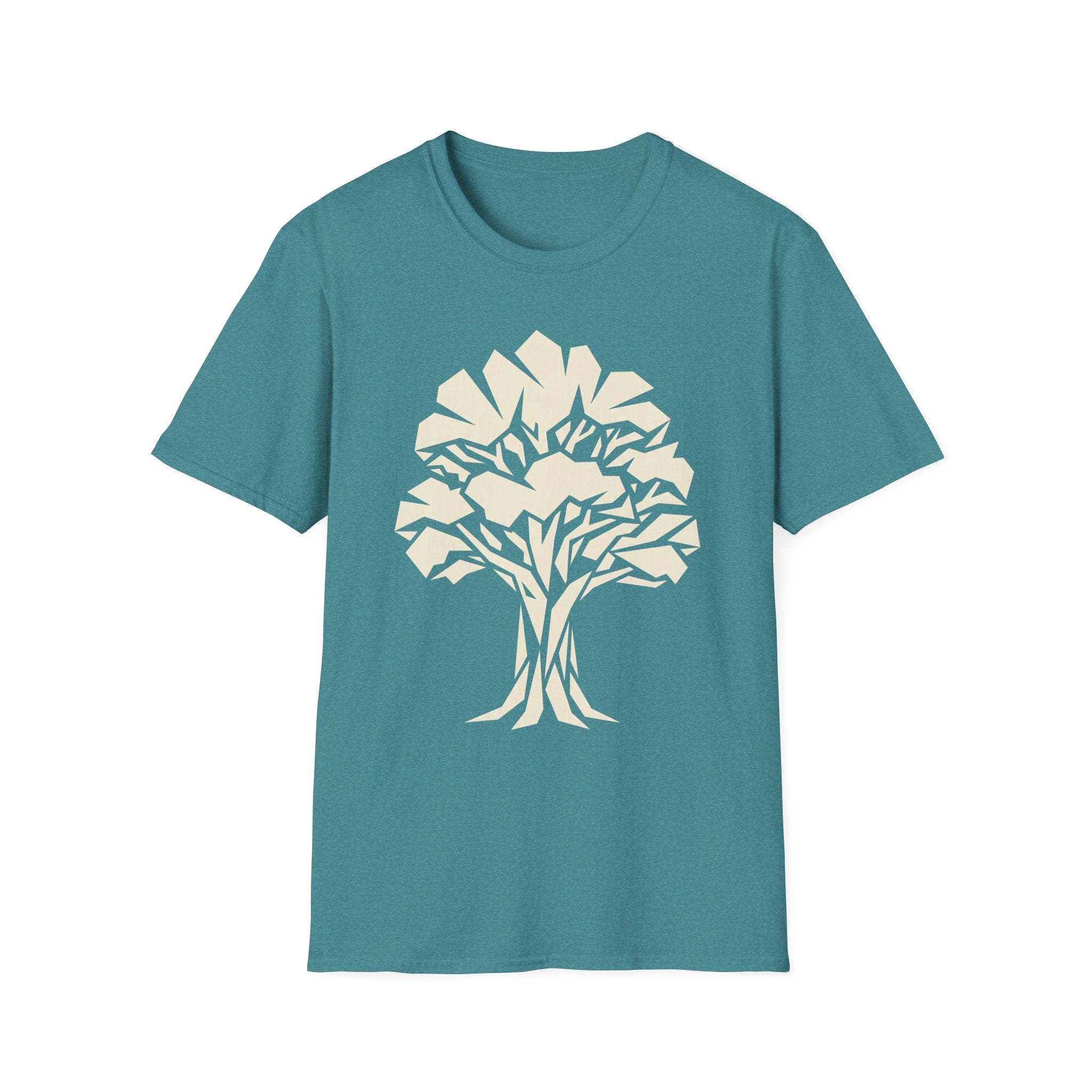 Teal t-shirt with white geometric tree silhouette graphic on the front