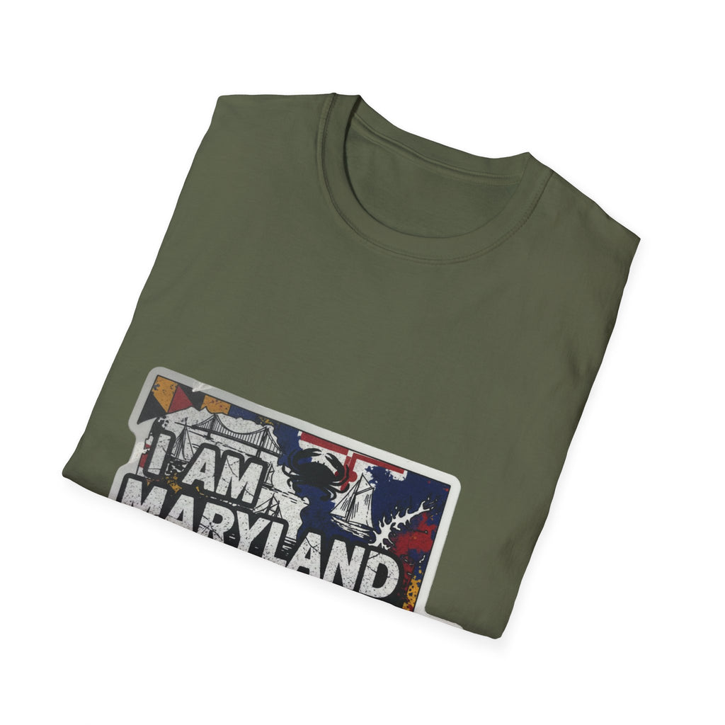 Military green Maryland T-shirt with “I AM MARYLAND” front graphic