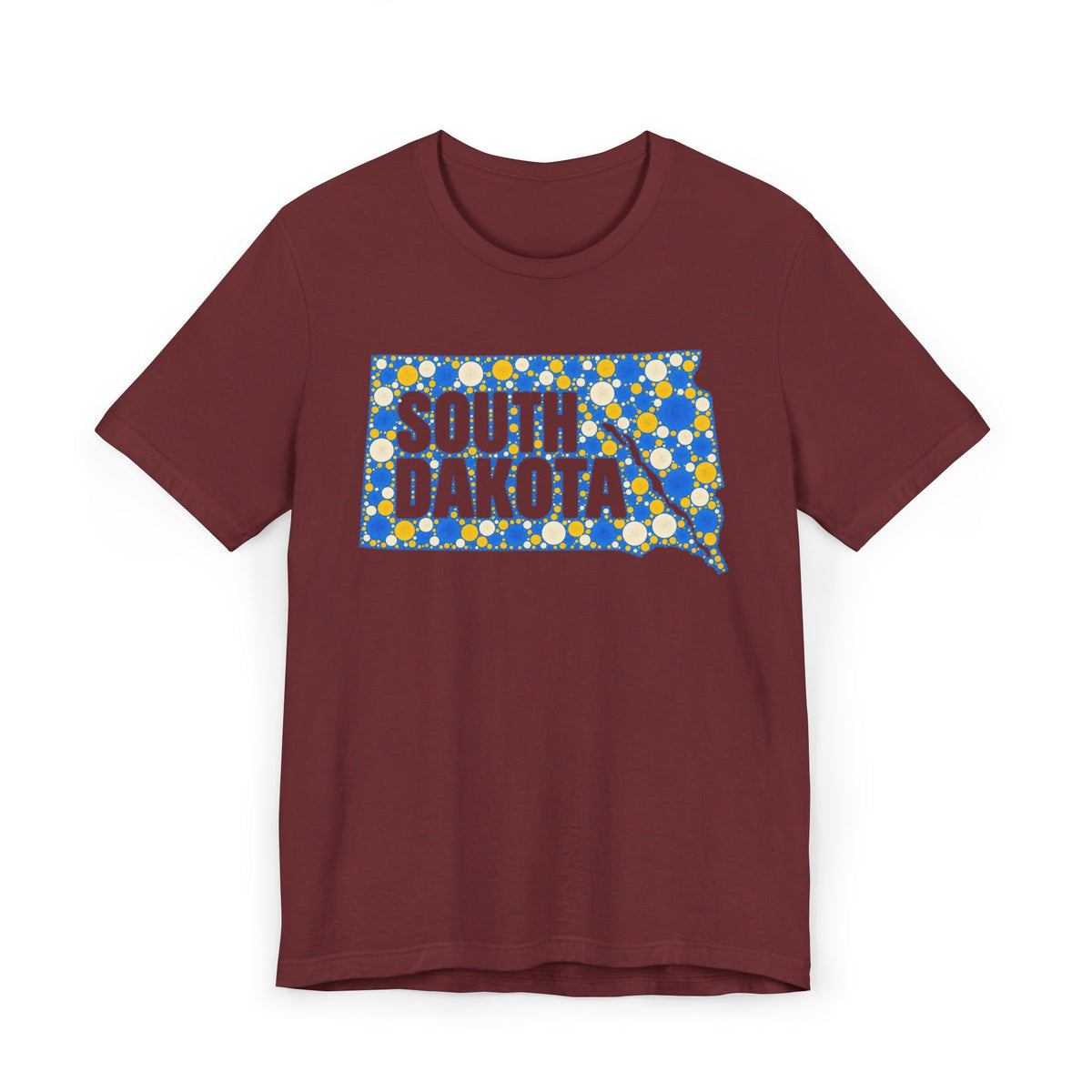 Burgundy t-shirt with polka dot South Dakota map graphic in blue and yellow