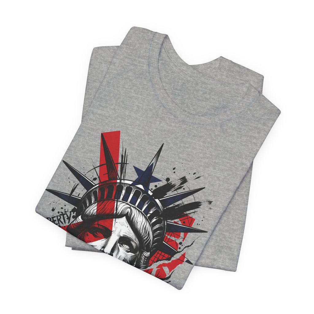 Heather grey crewneck T-shirt with colorful Statue-style head graphic, front view