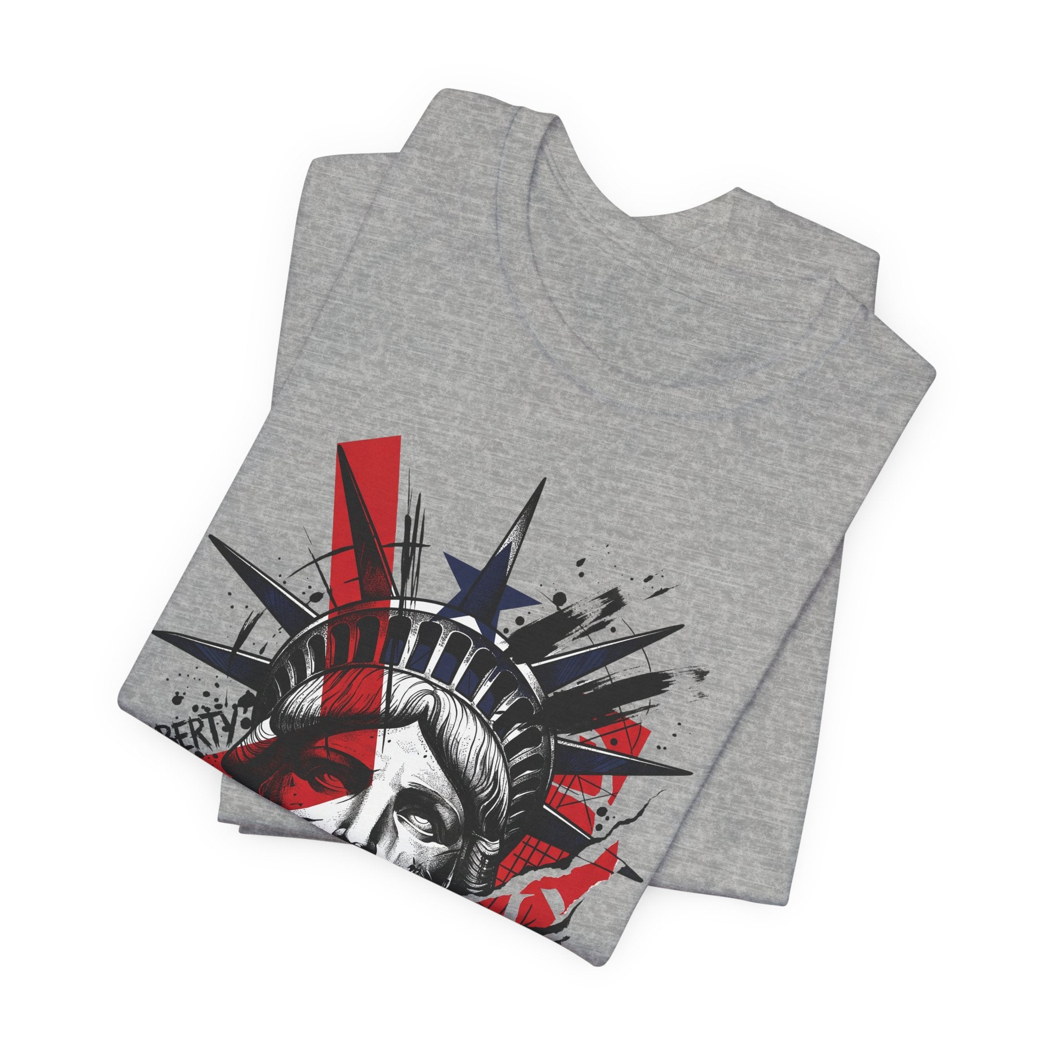 Heather grey crewneck T-shirt with colorful Statue-style head graphic, front view