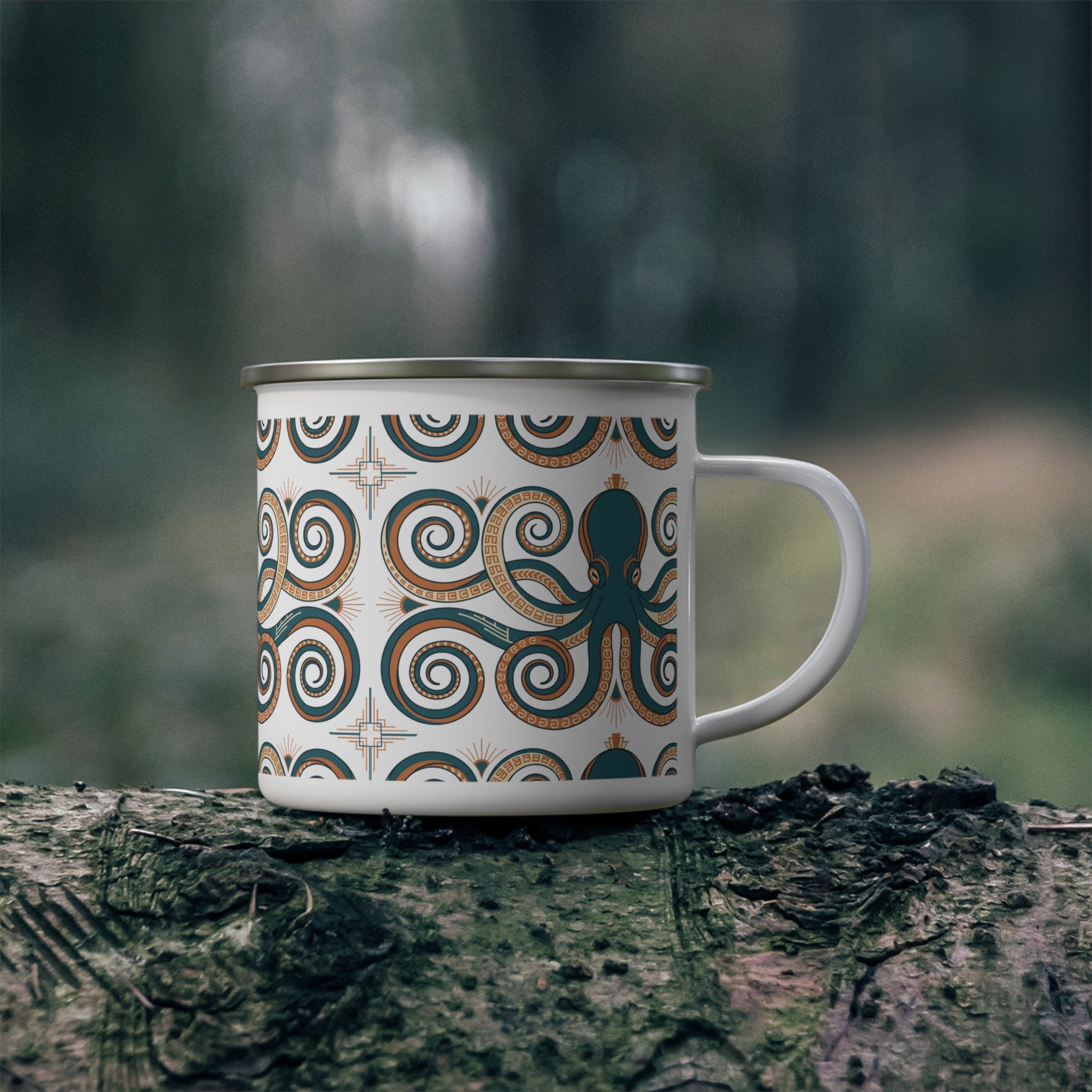 Enamel camping mug with octopus and swirl pattern on white, metal rim and white handle