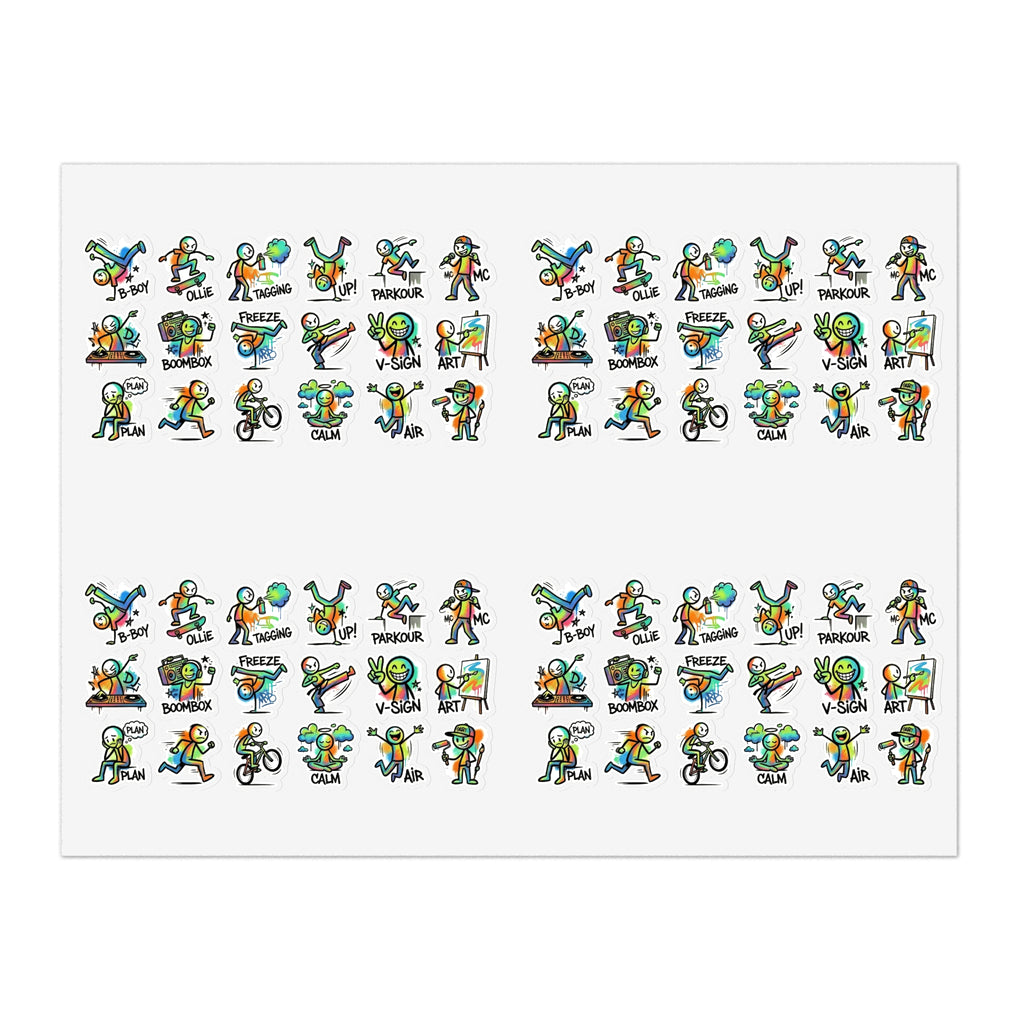 Mini activity character sticker sheet of die-cut workout character icons in multiple rows