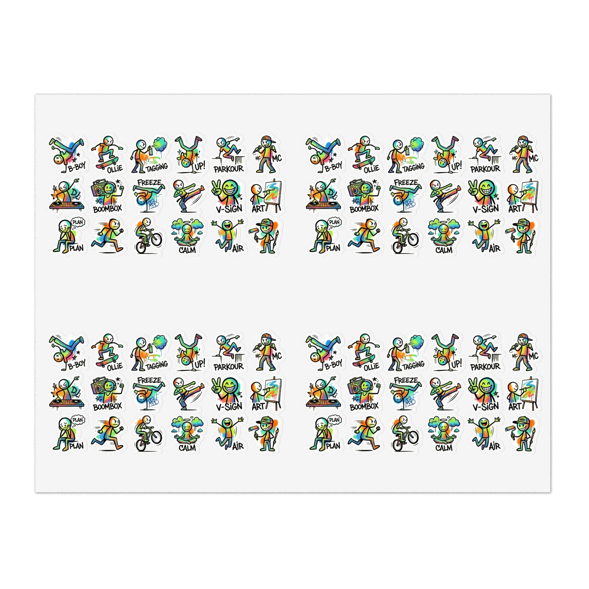 Mini activity character sticker sheet of die-cut workout character icons in multiple rows