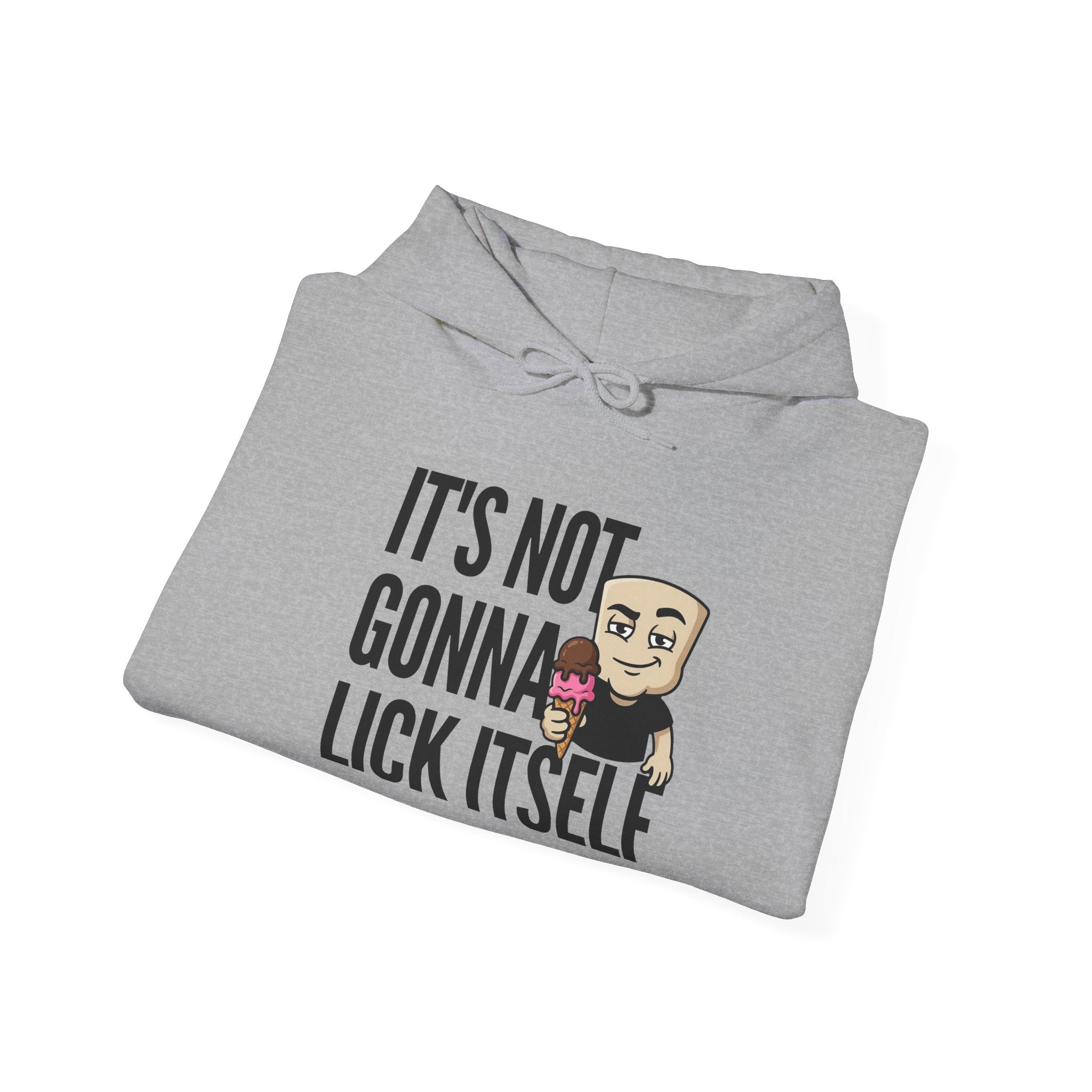 Heather gray hoodie with drawstring hood, kangaroo pocket, and ice cream humor graphic