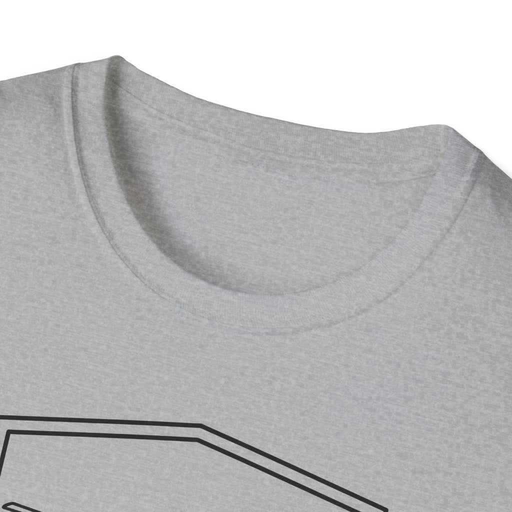 Heather gray crew-neck T-shirt with partial dark graphic lines on chest