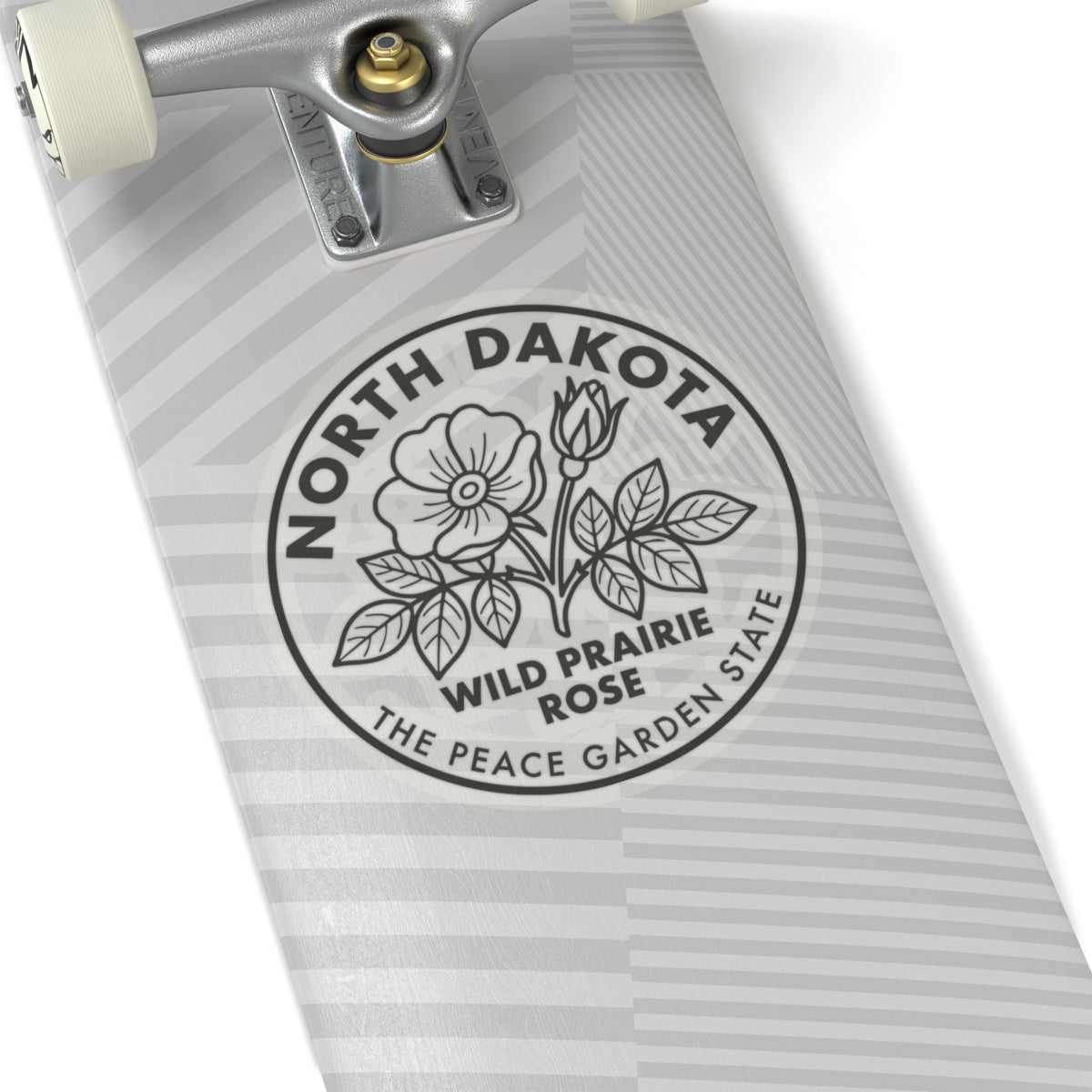 Circular wild prairie rose sticker with botanical leaves and North Dakota text