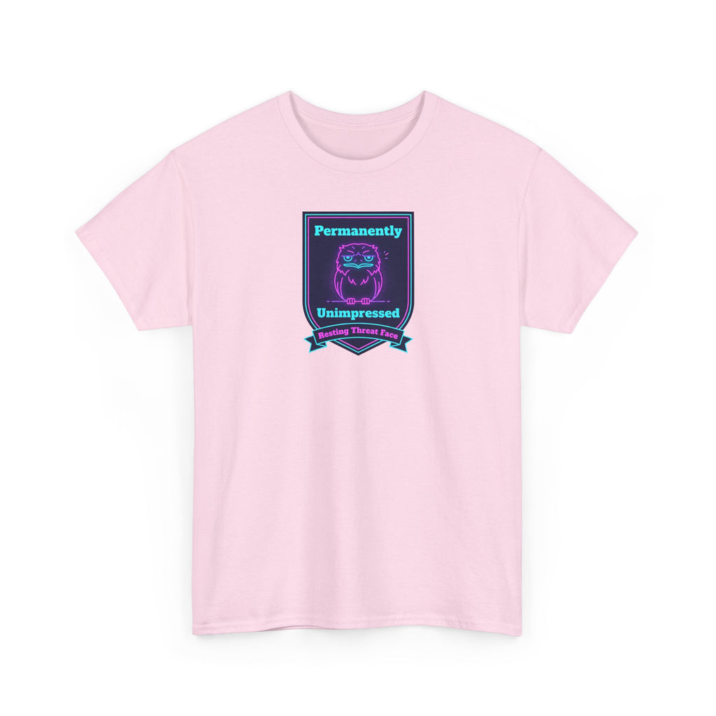 Pink crewneck tee with neon robot badge graphic