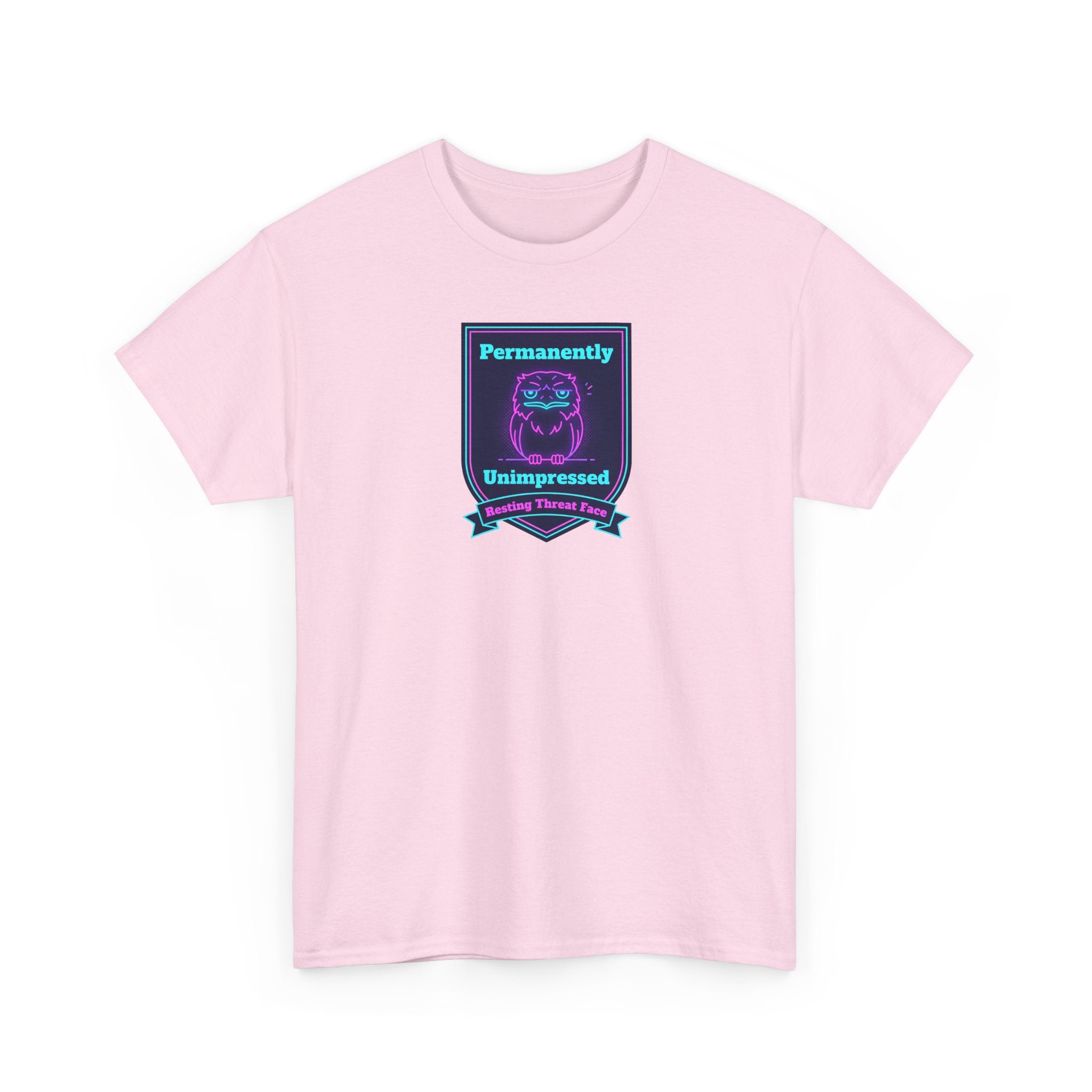 Pink crewneck tee with neon robot badge graphic