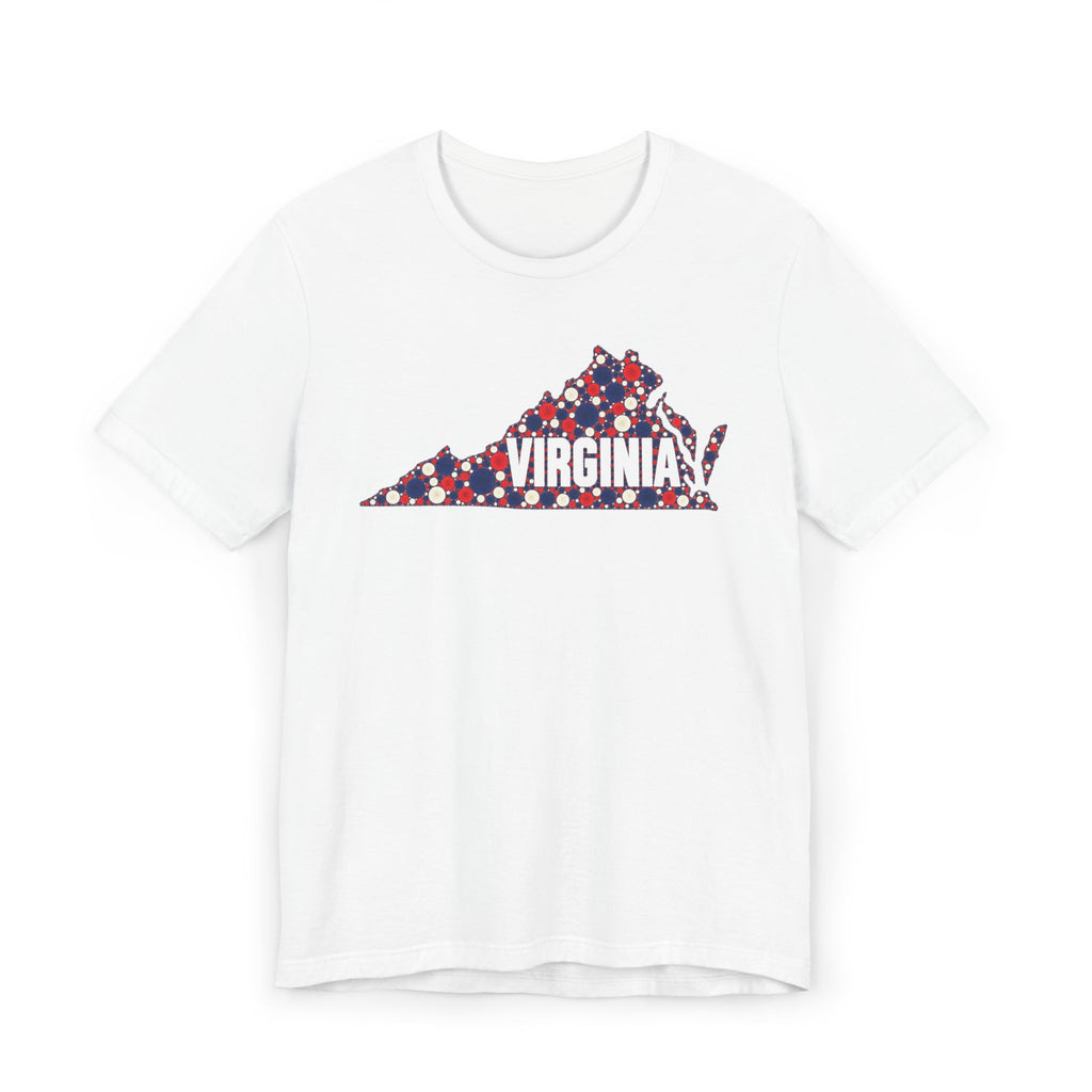 White crewneck T-shirt with front Virginia map graphic in red, white, and blue