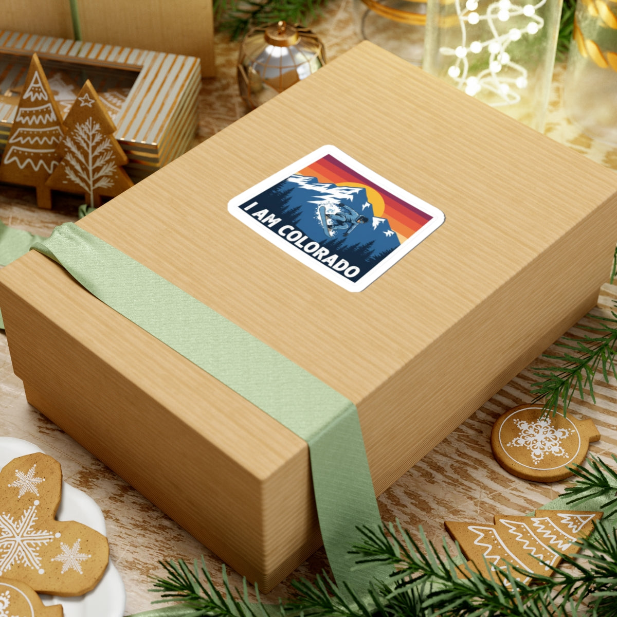 I AM COLORADO sticker on gift box, white outline, snowboarder over pine and peaks