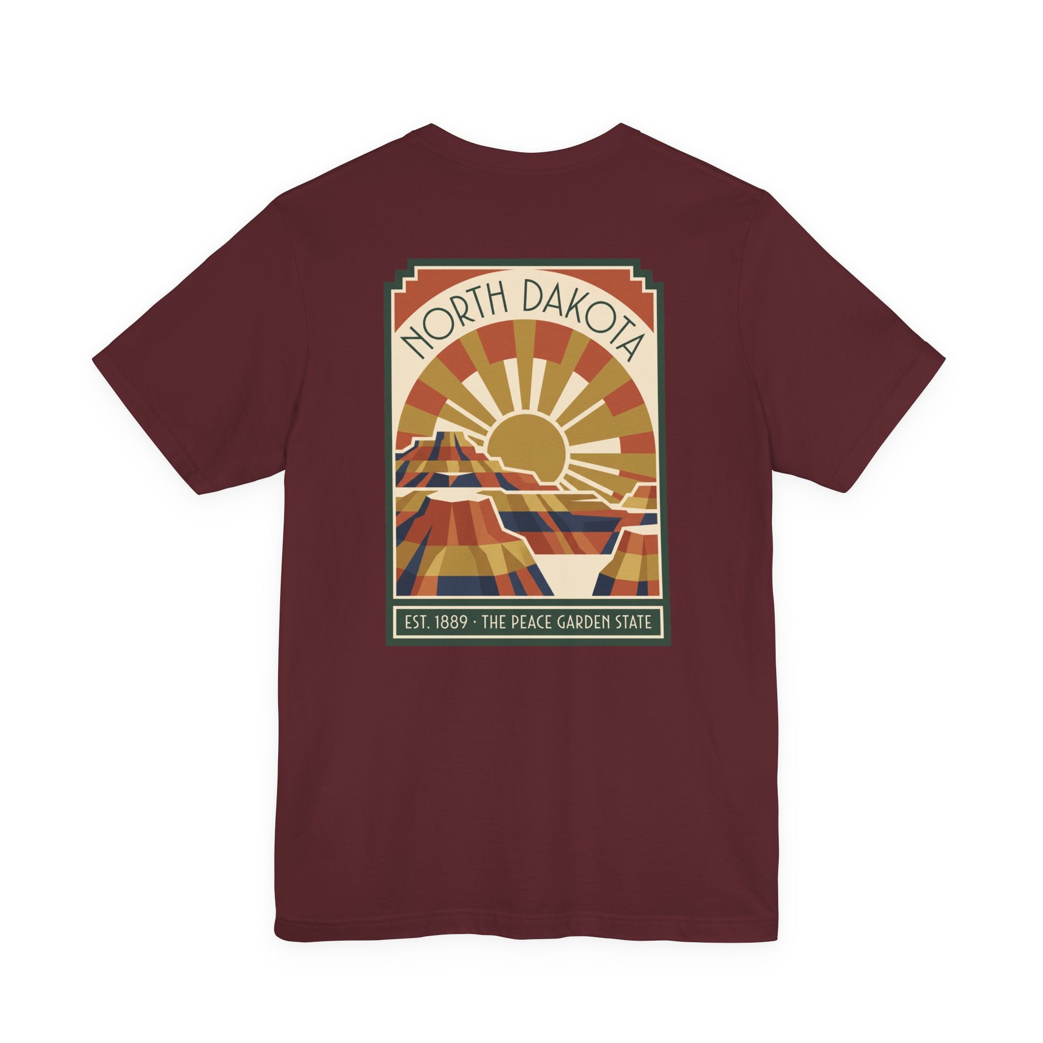 Maroon crewneck T-shirt with large North Dakota scene graphic centered