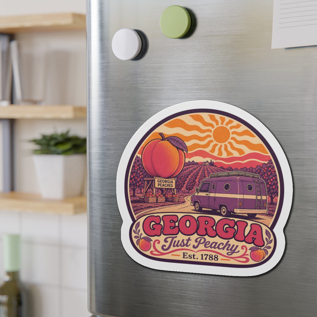 Die-cut Georgia van fridge magnet, peach and sun artwork with “GEORGIA” at center
