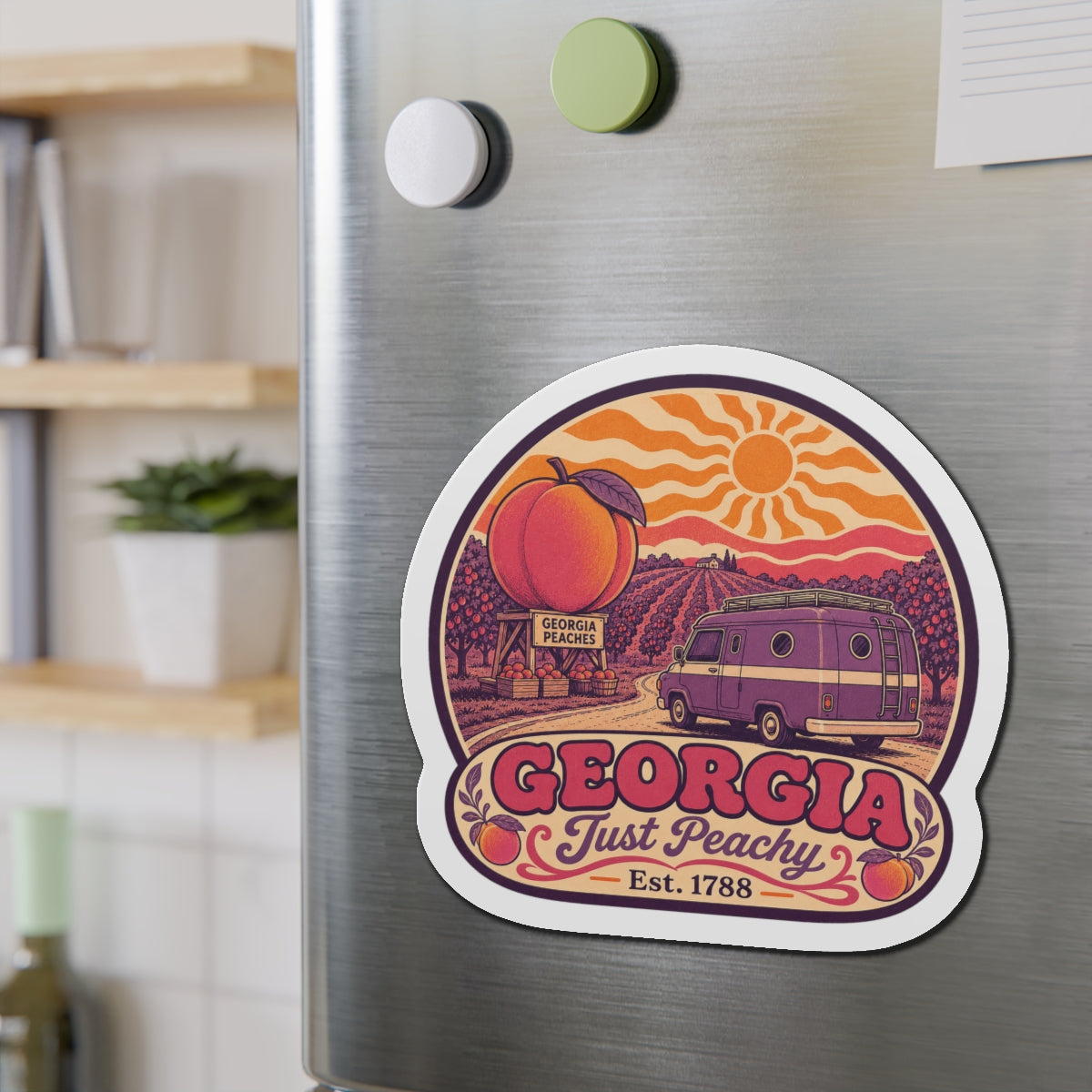 Die-cut Georgia van fridge magnet, peach and sun artwork with “GEORGIA” at center