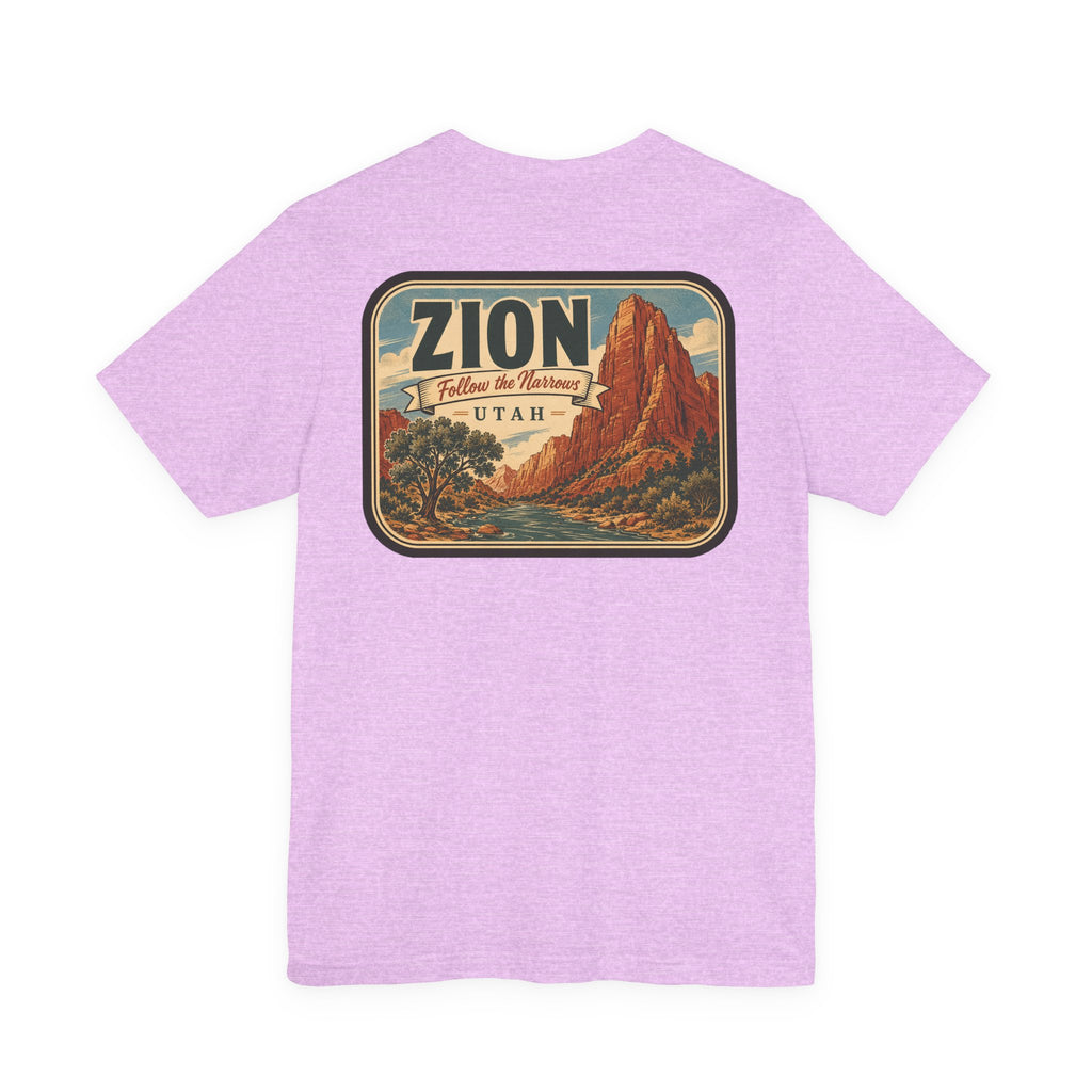 Lavender T-shirt with large rectangular Zion Utah landscape graphic on back