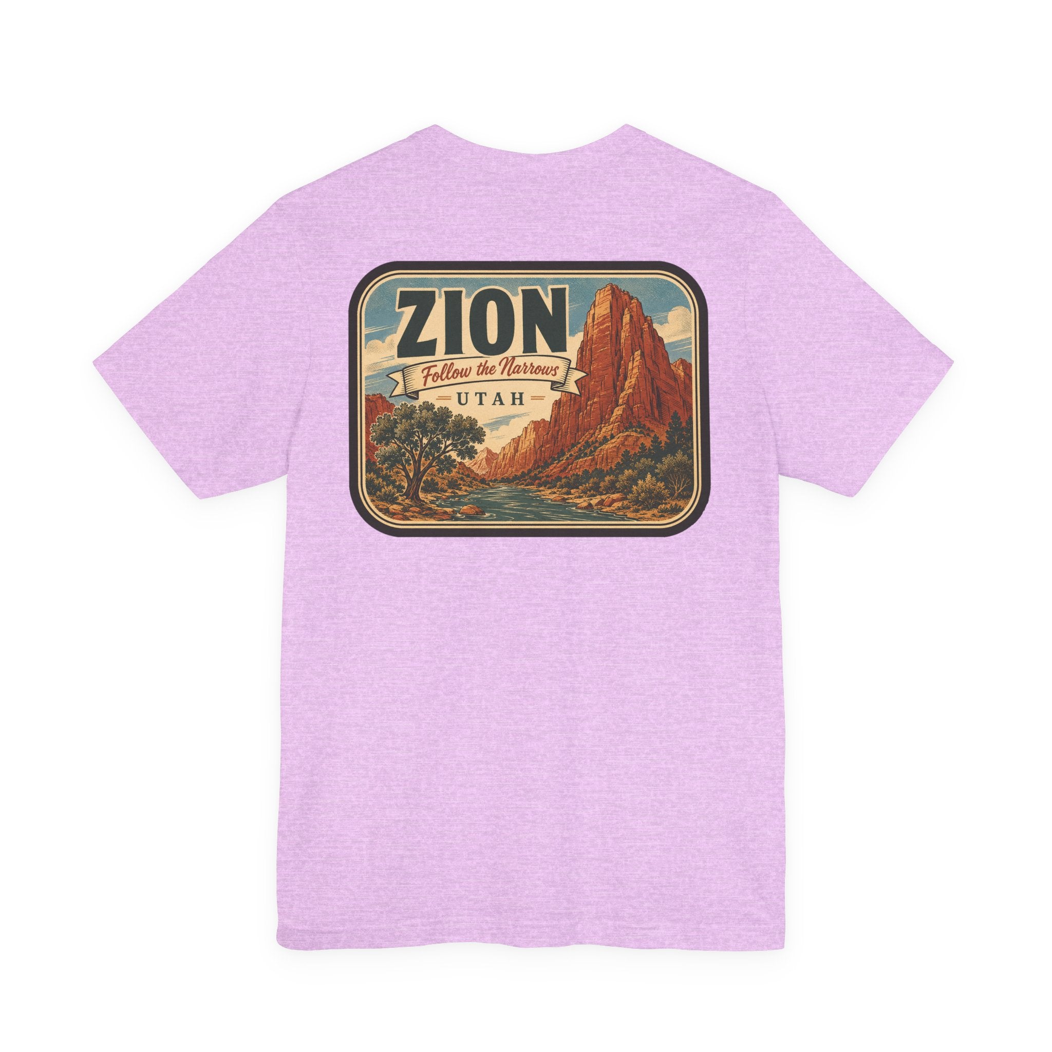 Lavender T-shirt with large rectangular Zion Utah landscape graphic on back