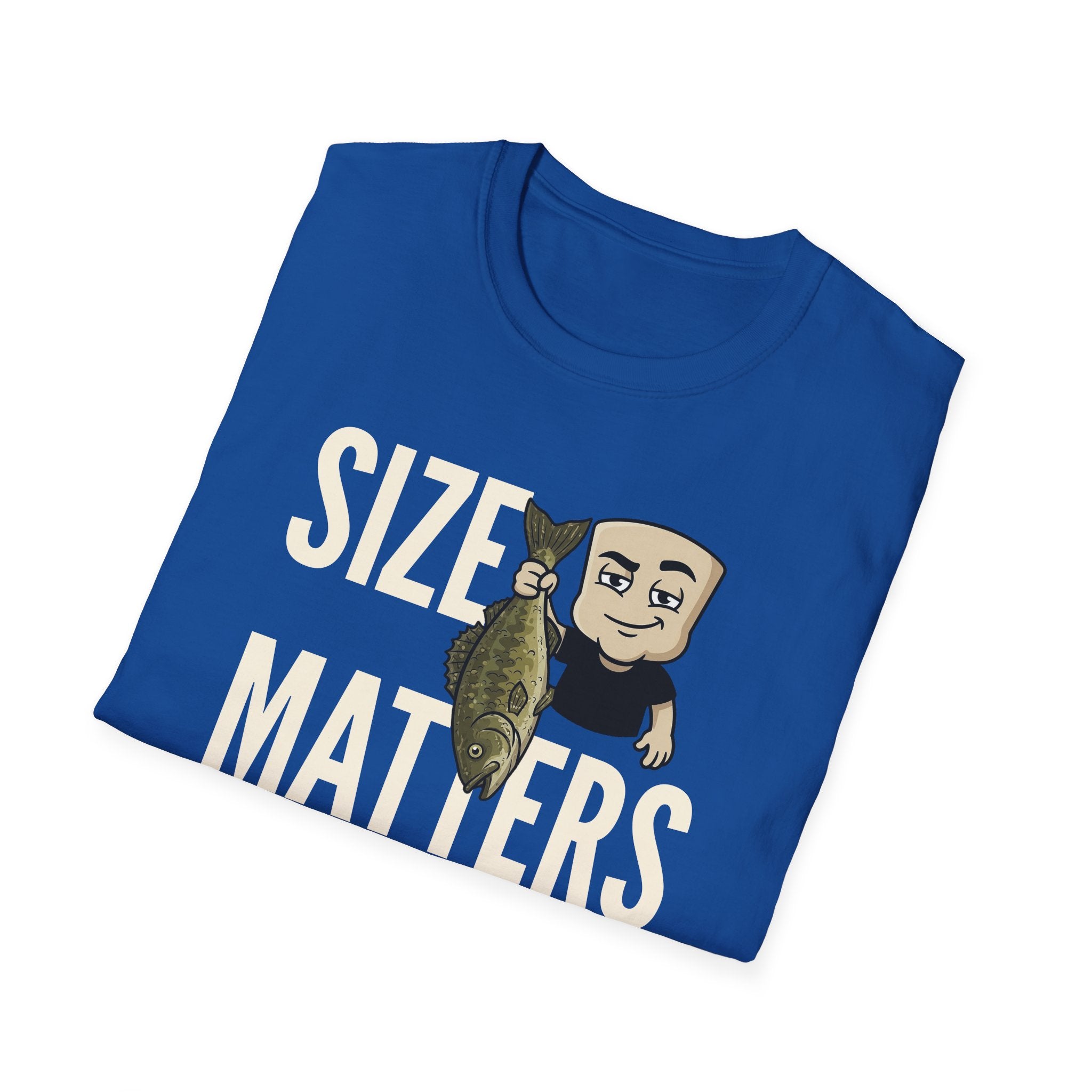Royal blue T-shirt with “SIZE MATTERS” text and a cartoon fisherman holding a fish.