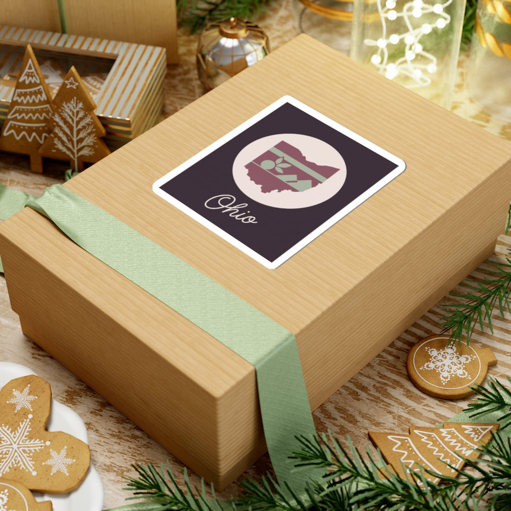 Ohio kiss-cut decal on a gift package; circular floral stripe Ohio map and “Ohio” script